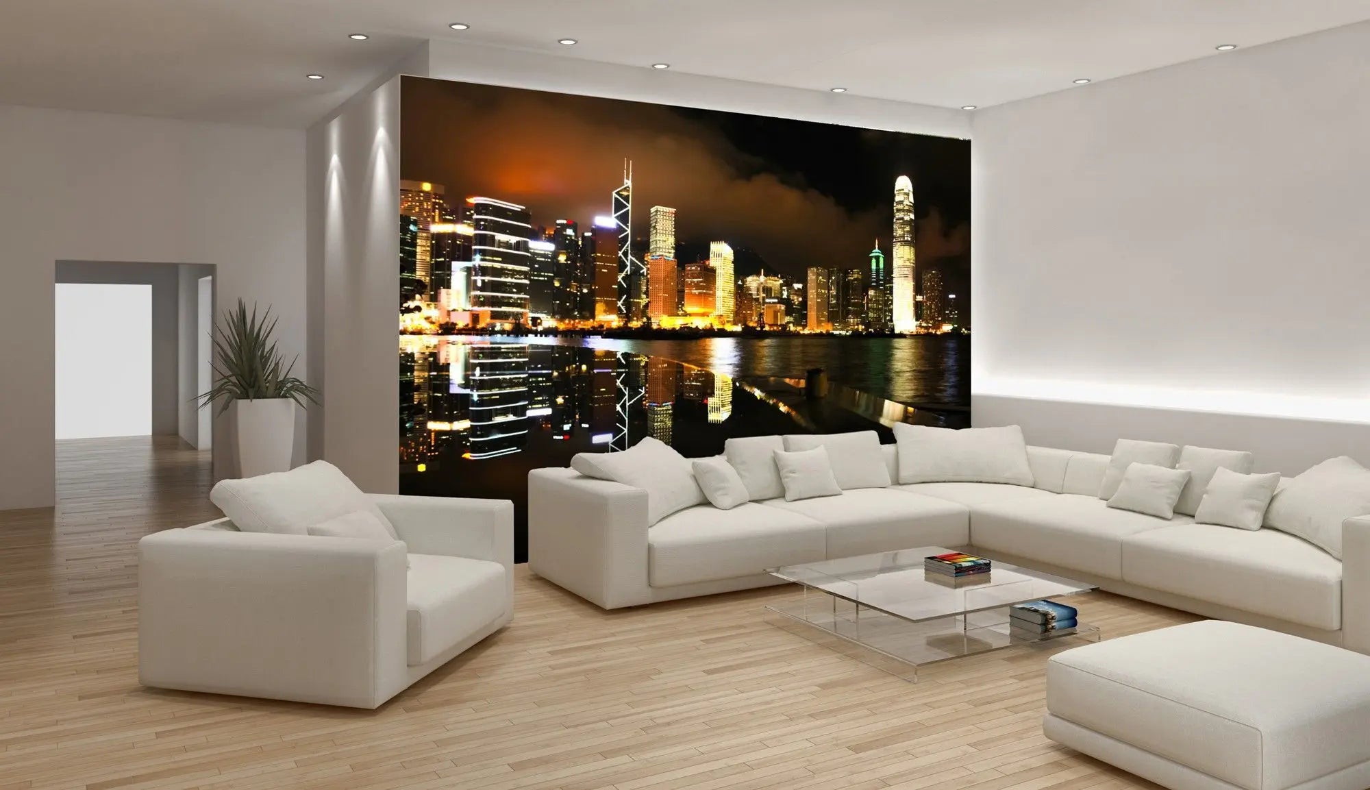 Billede 9 af Fototapet - Hongkong Skyskrabere med Nattelys Refleksion i Vand