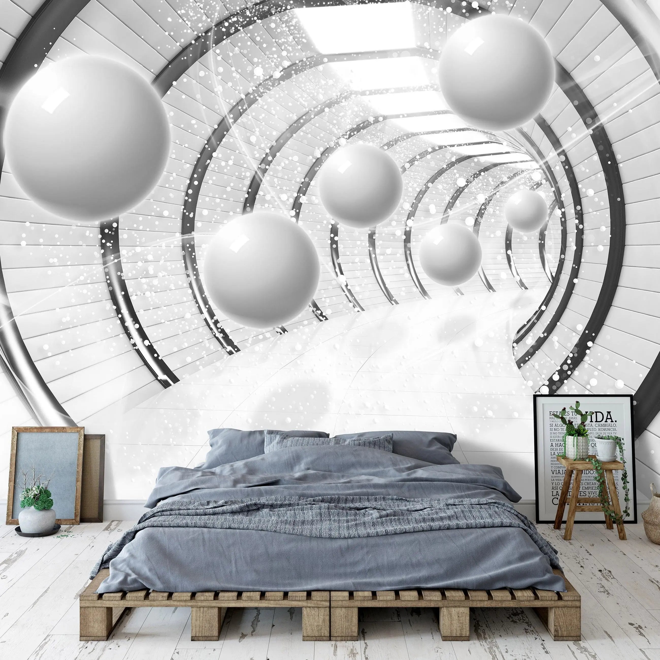 Billede 13 af Fototapet - Hvid futuristisk tunnel med ophængte kugler
