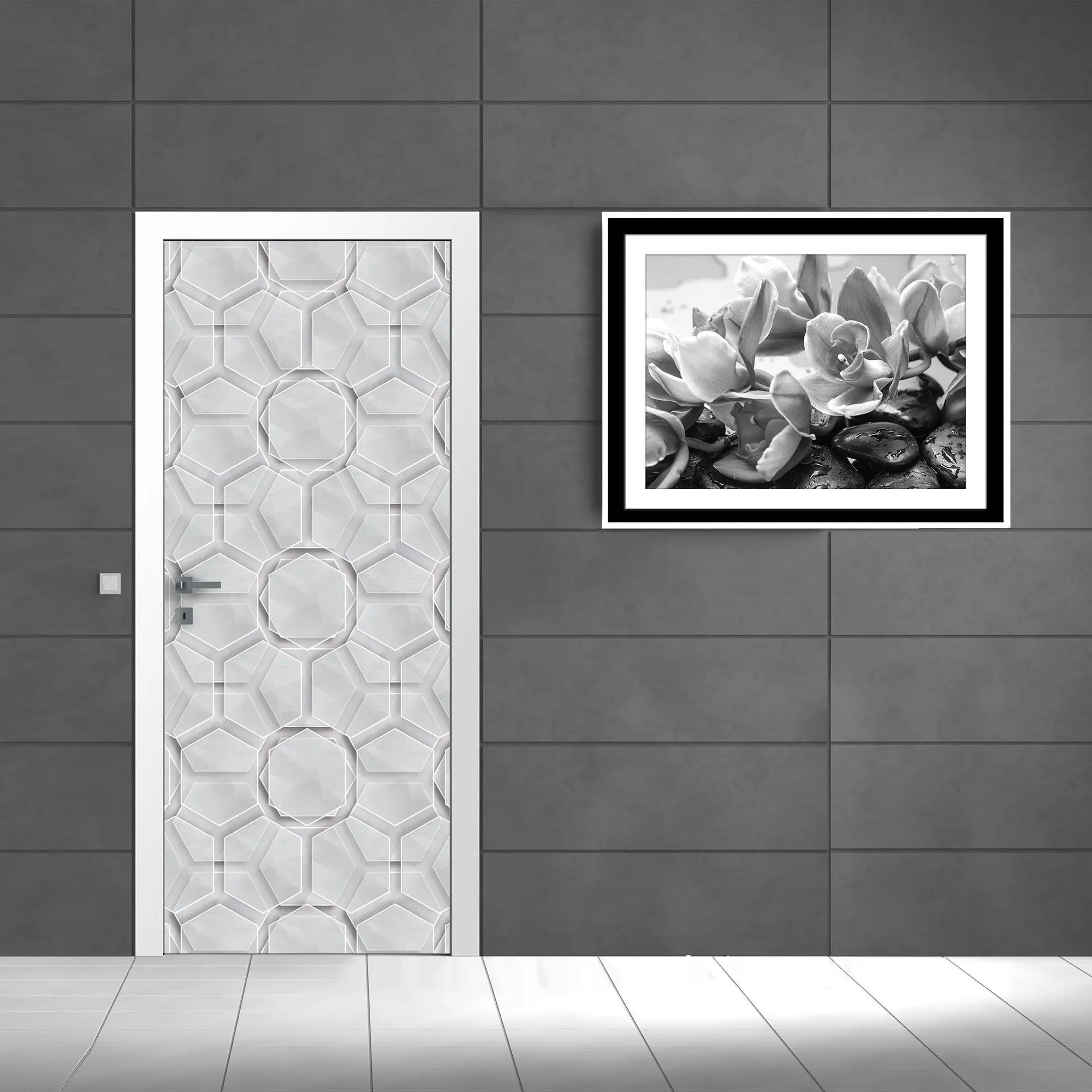 Billede 6 af Fototapet - Hvid geometrisk mønster med sekskantede og cirkulære former