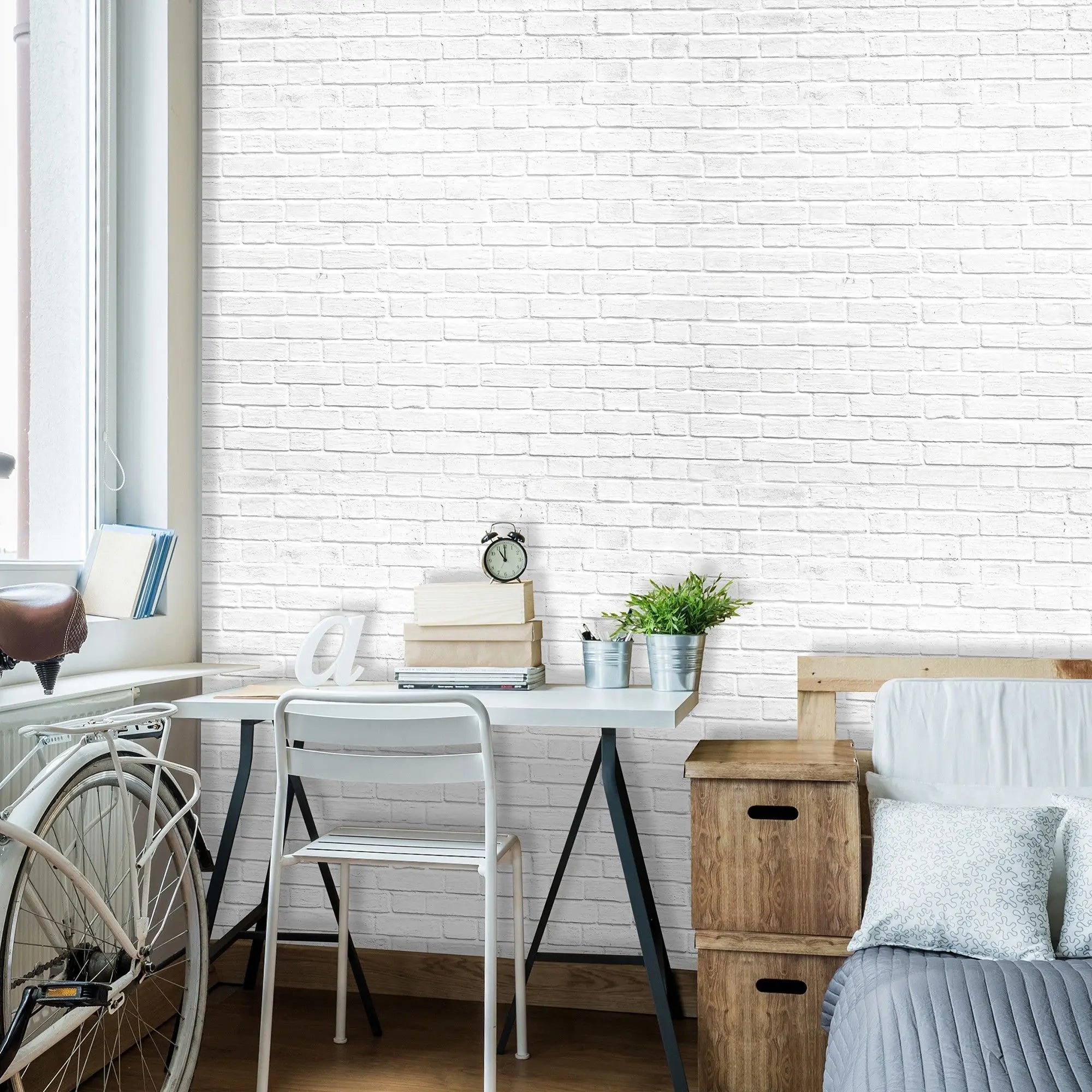 Billede 6 af Fototapet - Hvid murstensvæg set på afstand