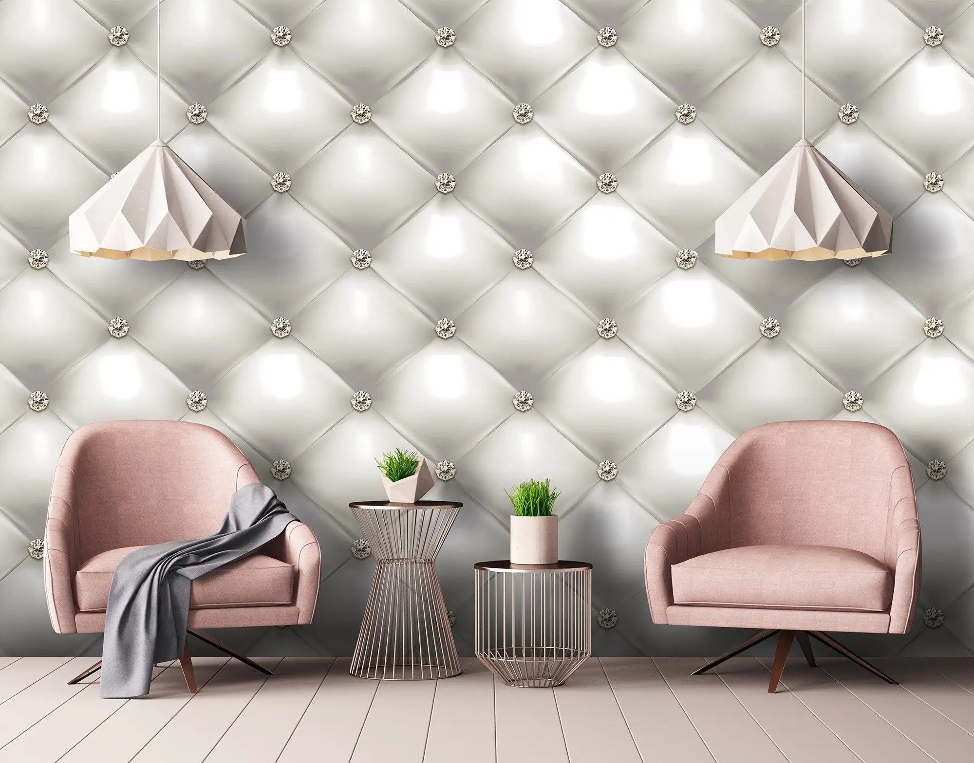 Billede 5 af Fototapet - Hvid quiltet overflade med diamantknapper
