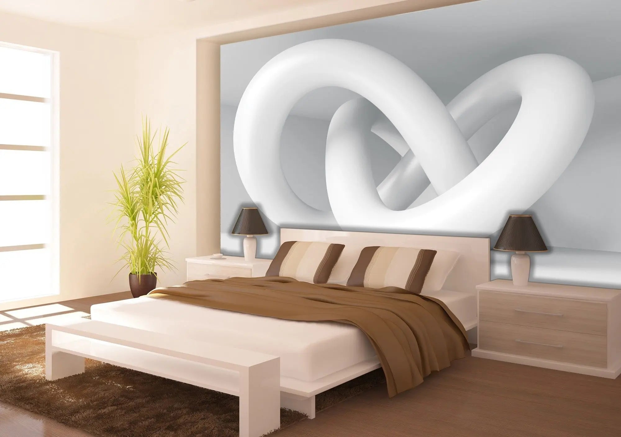 Billede 2 af Fototapet - Hvid tredimensionel sammenflettet cirkulær skulptur i hjørnet