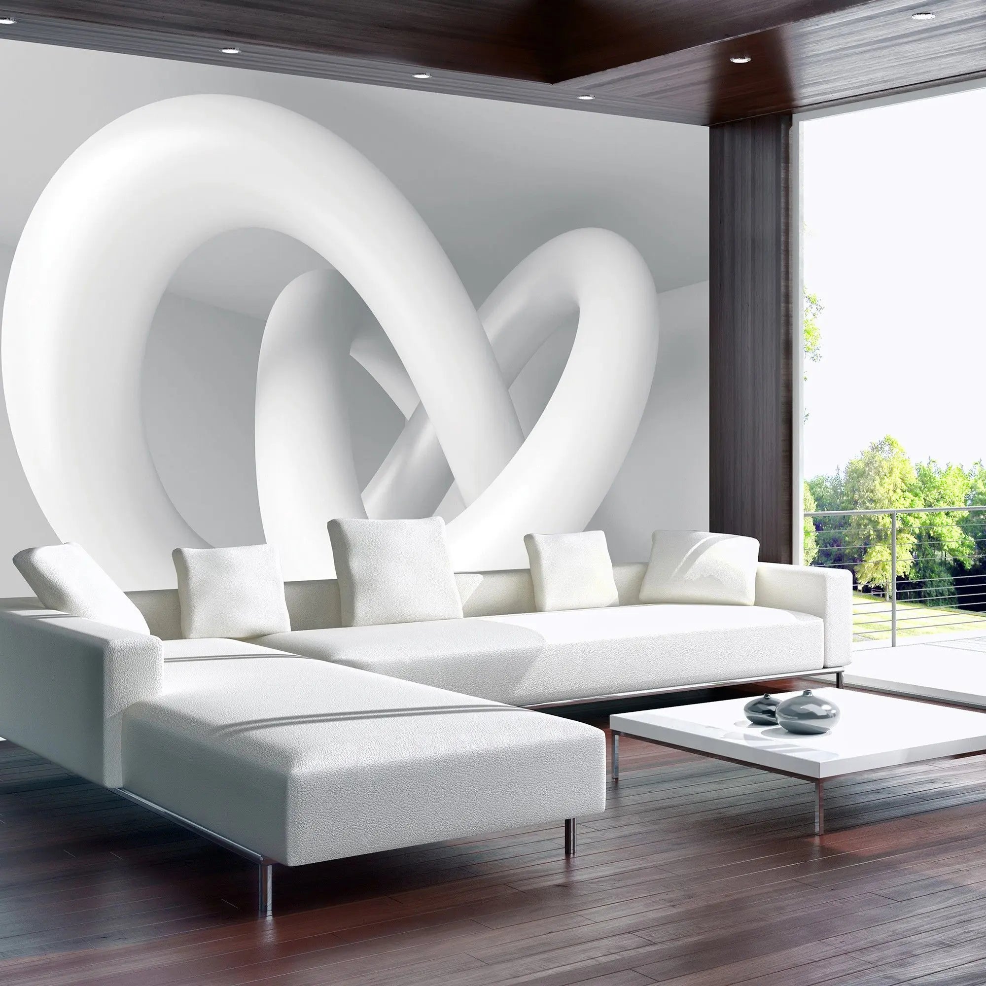 Billede 3 af Fototapet - Hvid tredimensionel sammenflettet cirkulær skulptur i hjørnet