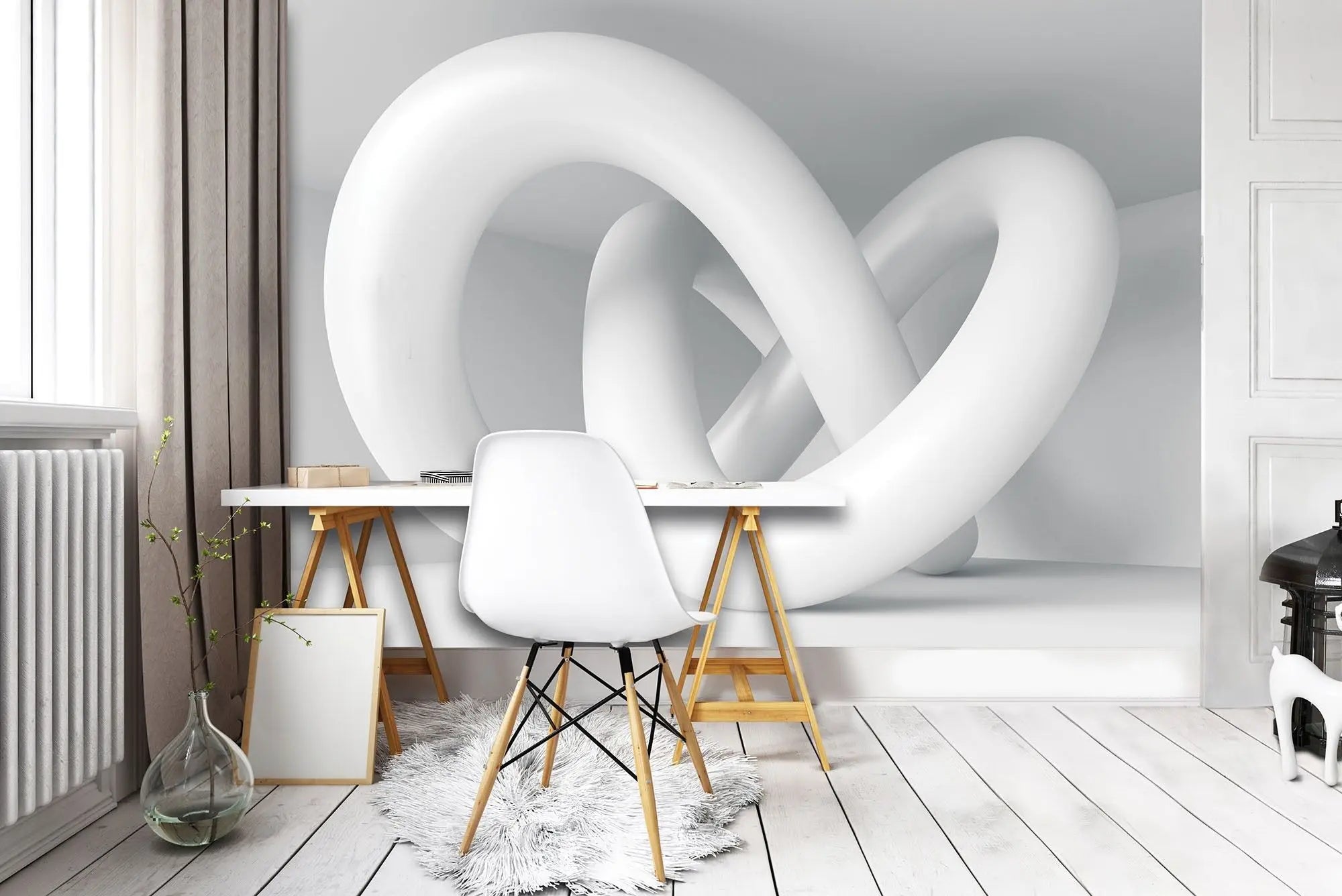 Billede 5 af Fototapet - Hvid tredimensionel sammenflettet cirkulær skulptur i hjørnet