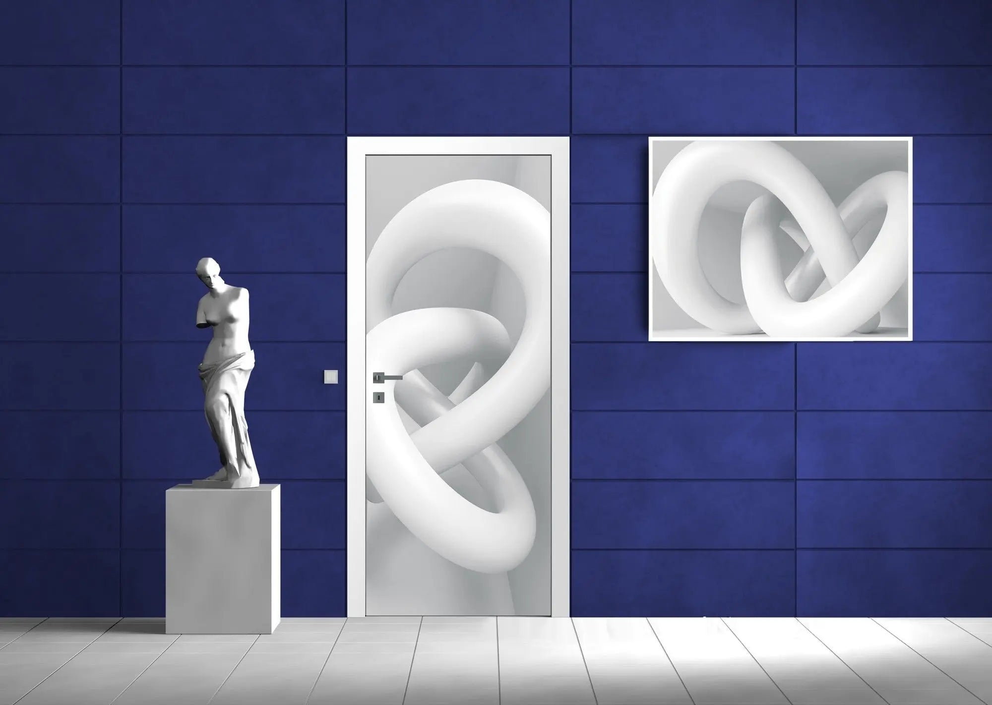 Billede 7 af Fototapet - Hvid tredimensionel sammenflettet cirkulær skulptur i hjørnet