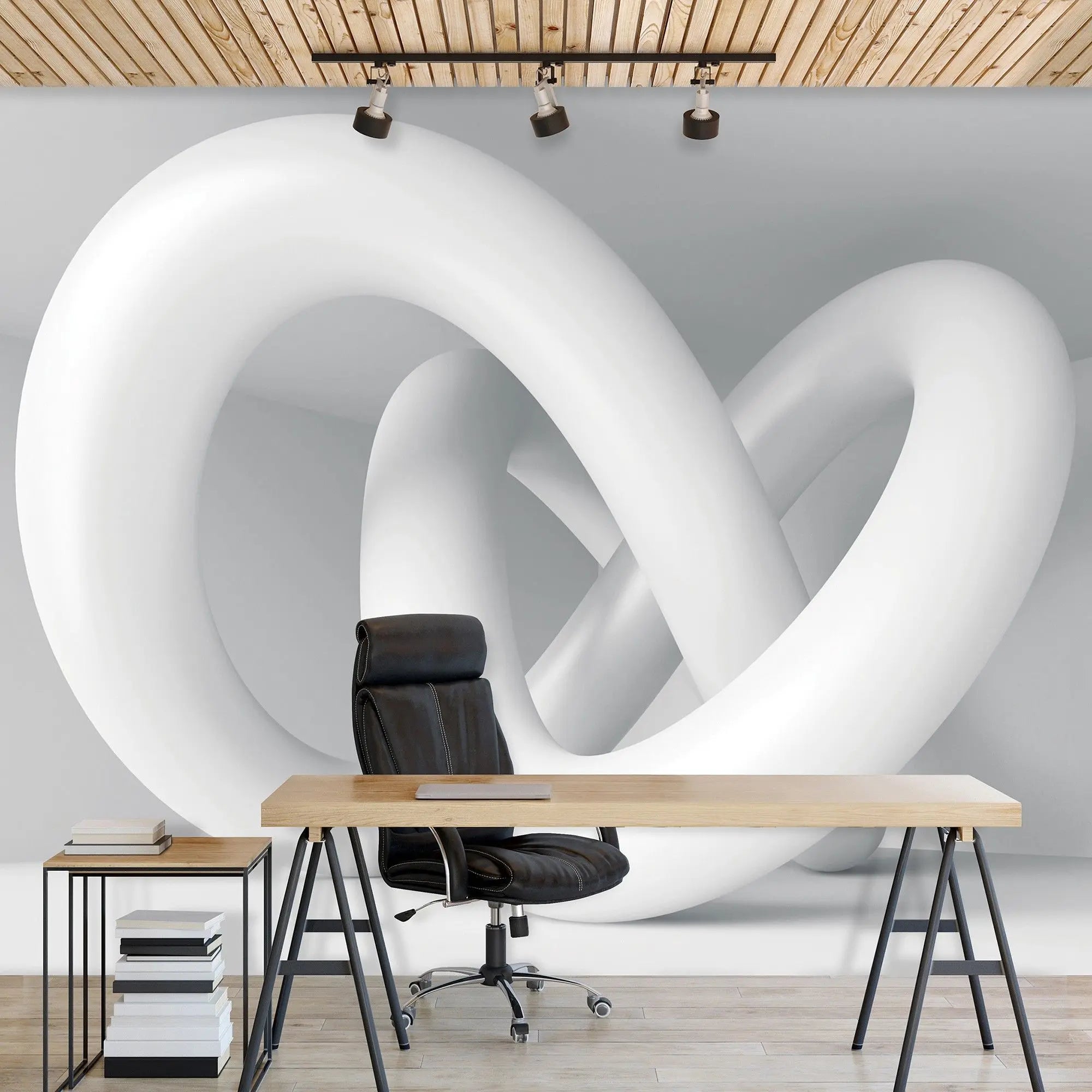 Billede 9 af Fototapet - Hvid tredimensionel sammenflettet cirkulær skulptur i hjørnet