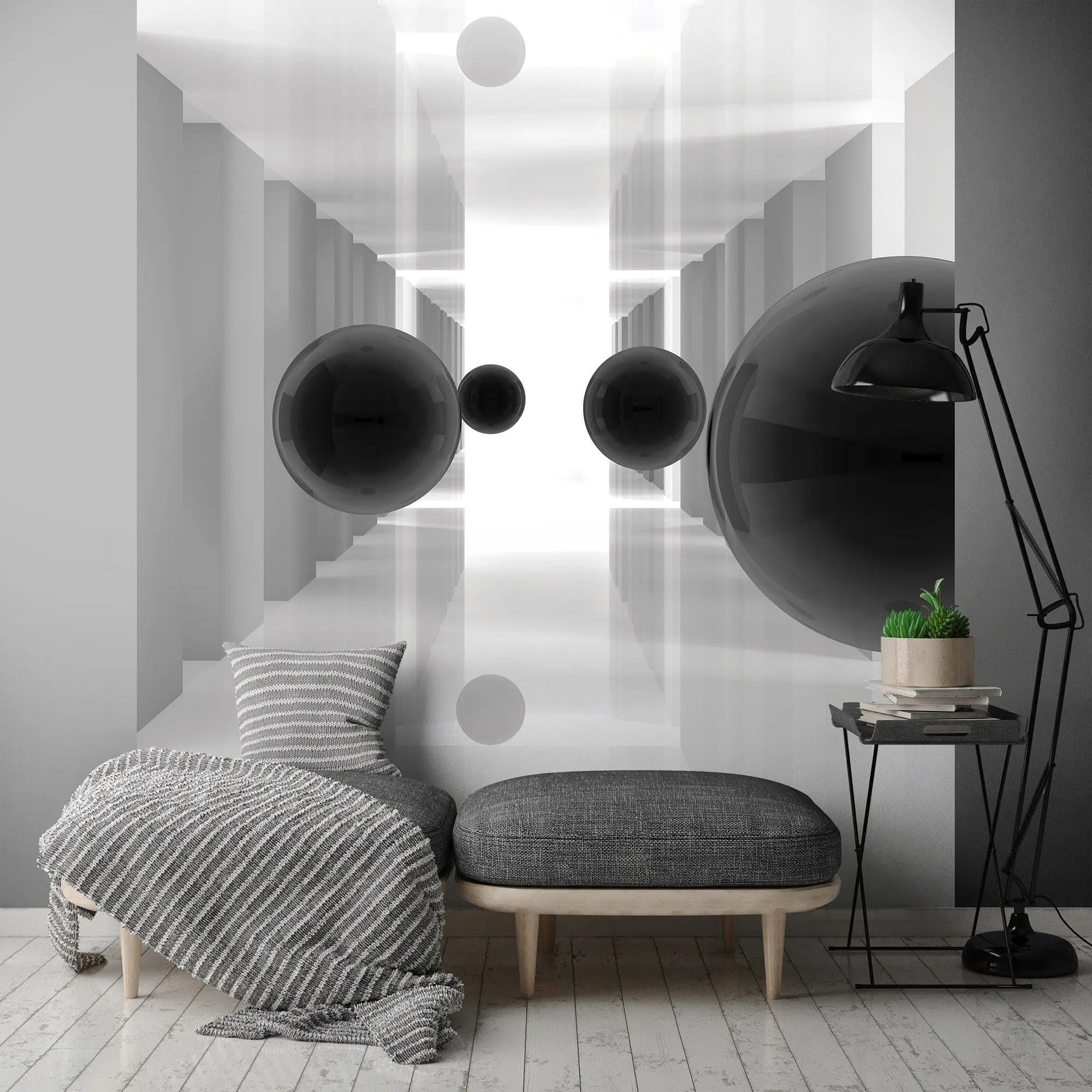 Billede 10 af Fototapet - Hvide korridorer med flyvende sorte kugler