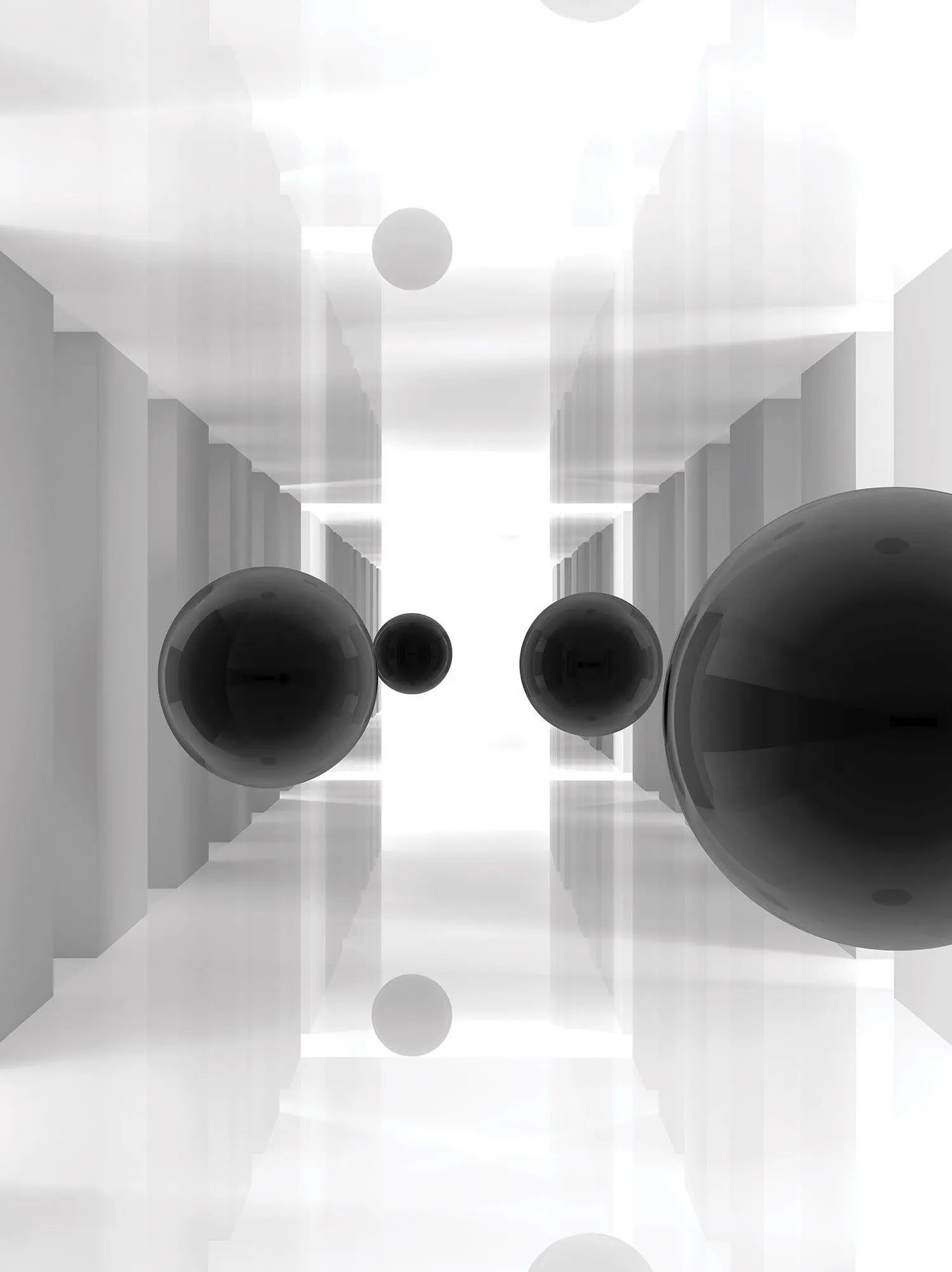 Billede 15 af Fototapet - Hvide korridorer med flyvende sorte kugler