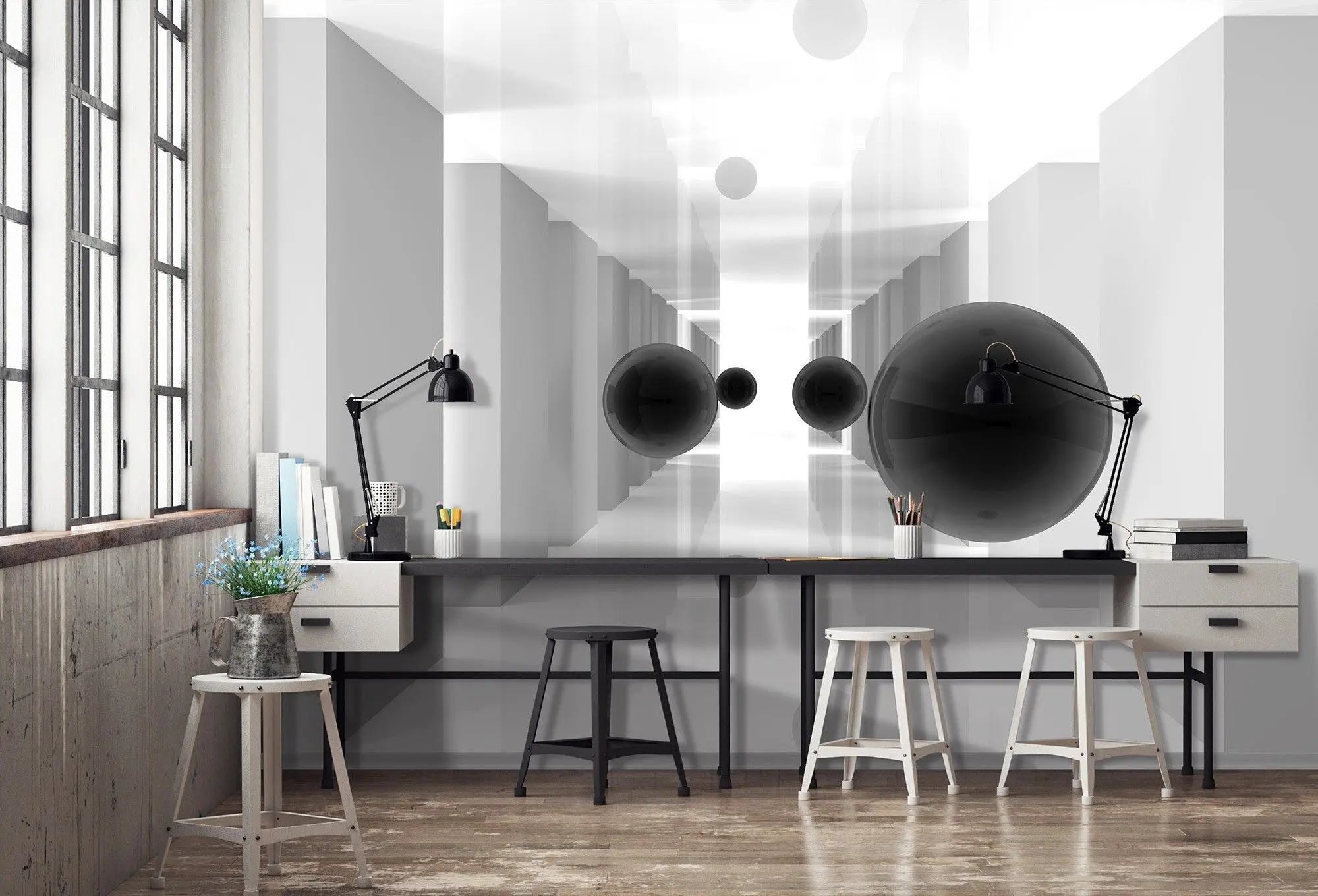 Billede 2 af Fototapet - Hvide korridorer med flyvende sorte kugler