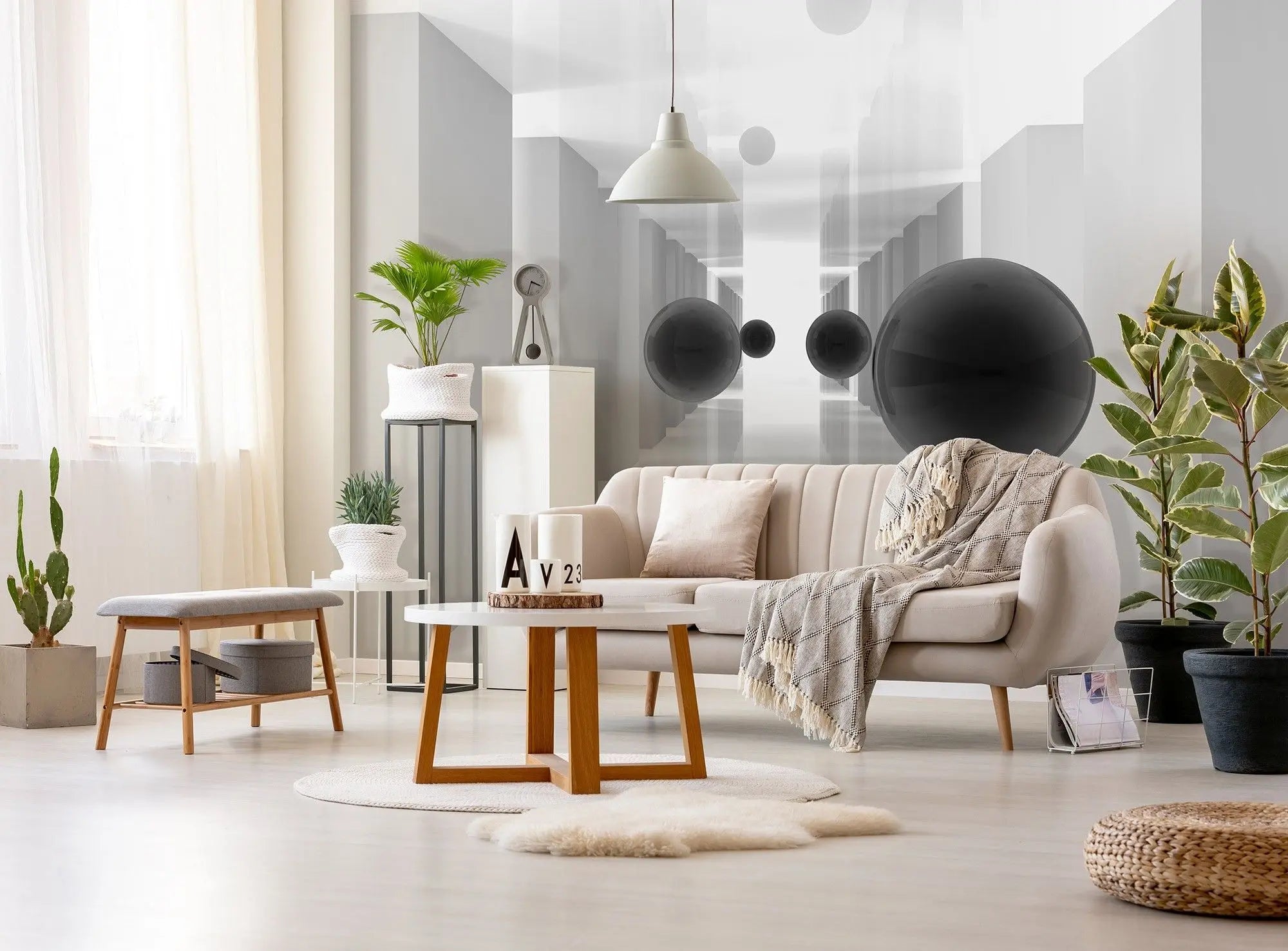 Billede 3 af Fototapet - Hvide korridorer med flyvende sorte kugler