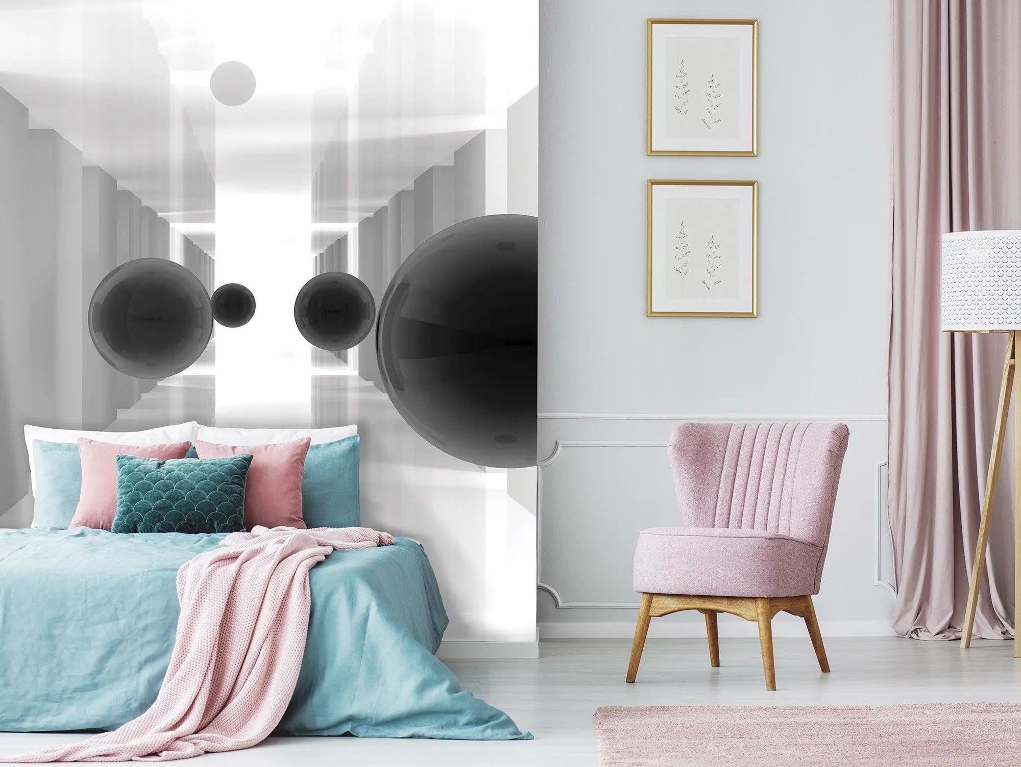 Billede 7 af Fototapet - Hvide korridorer med flyvende sorte kugler