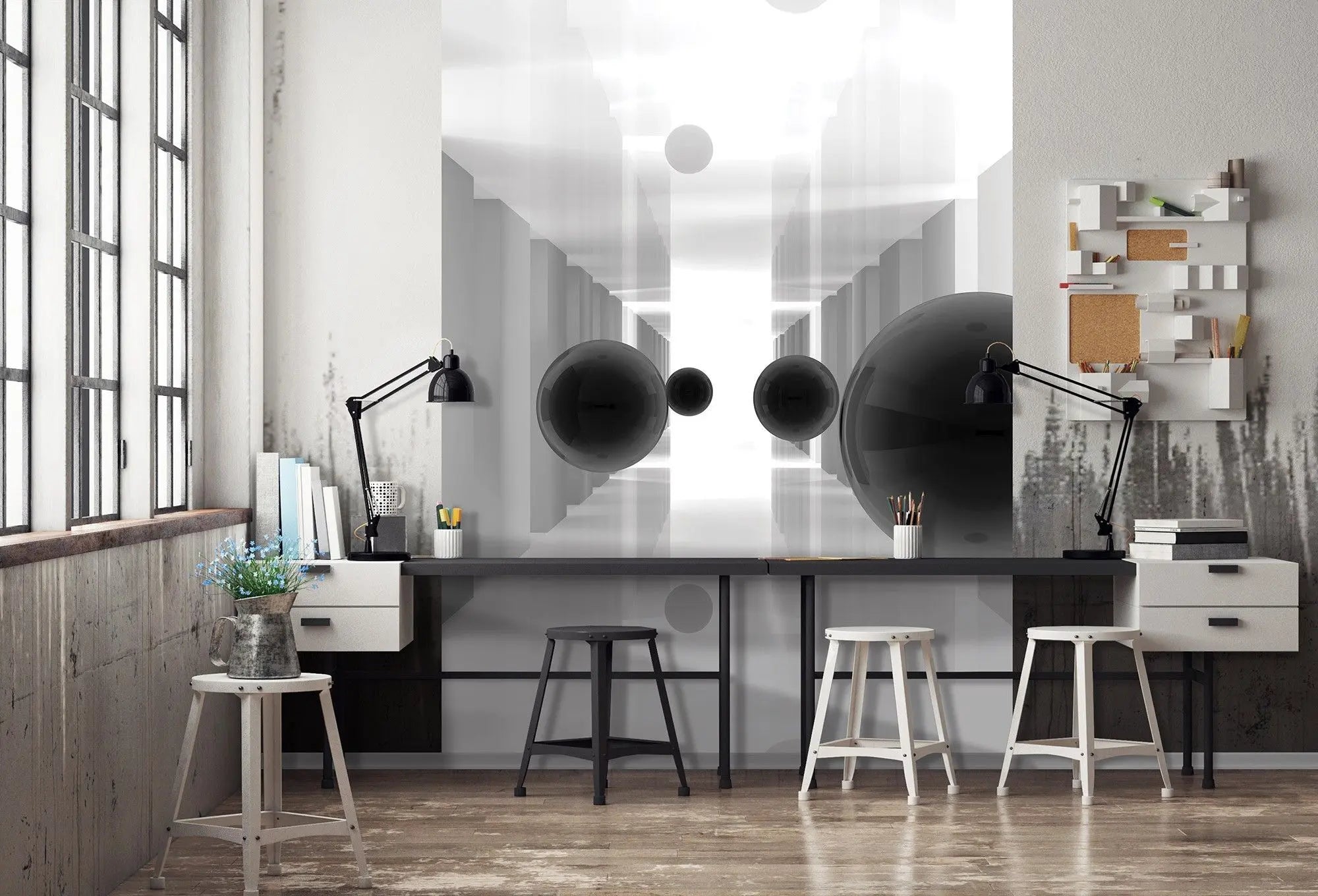 Billede 8 af Fototapet - Hvide korridorer med flyvende sorte kugler