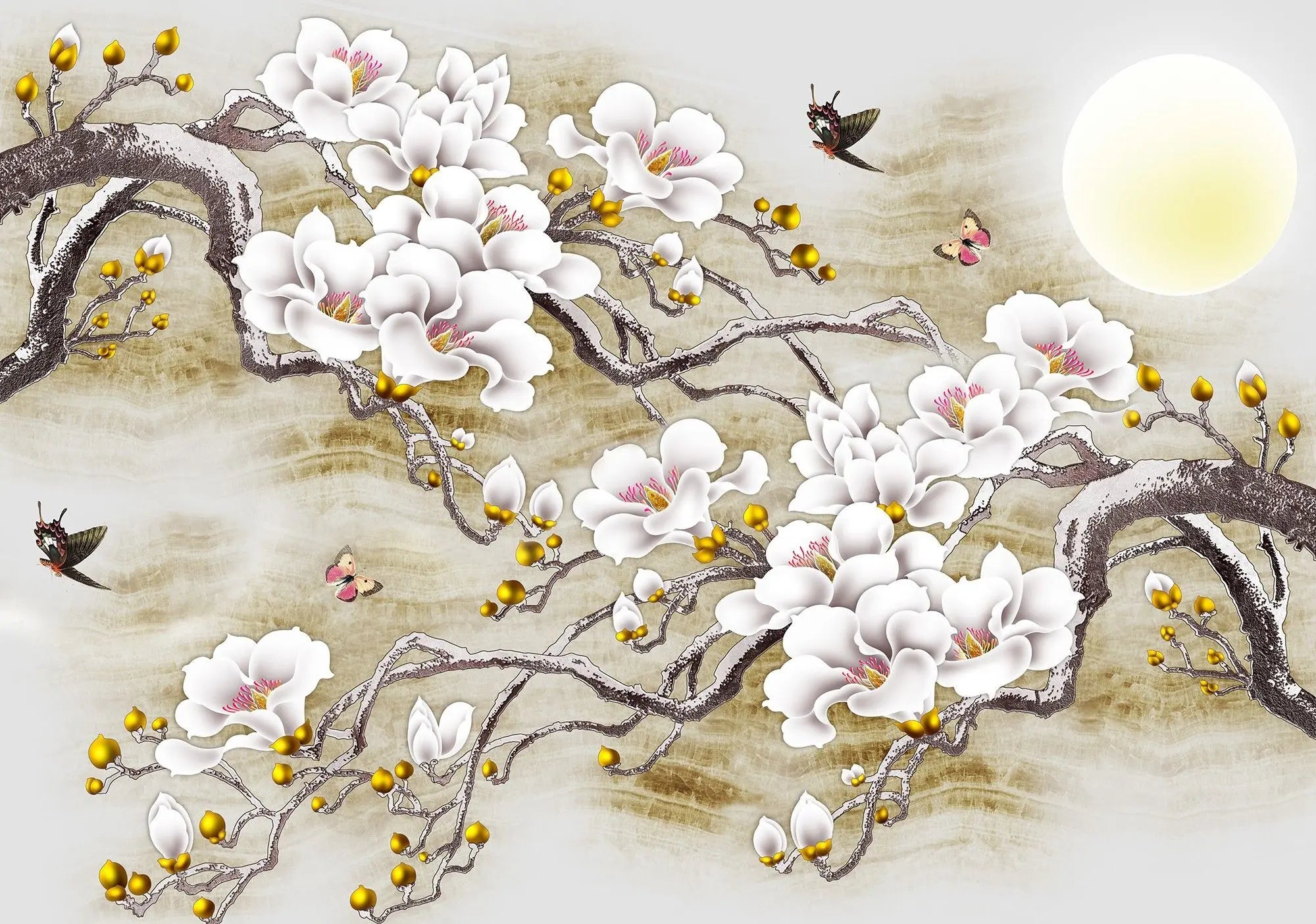 Billede 6 af Fototapet - Hvide magnolia blomster på grene med gule bær og sommerfugle i dagslys