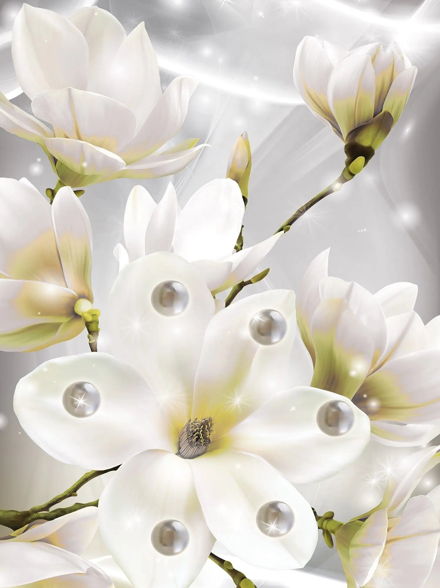 Billede 10 af Fototapet - Hvide magnolieblomster med perler og glimmer på grå baggrund