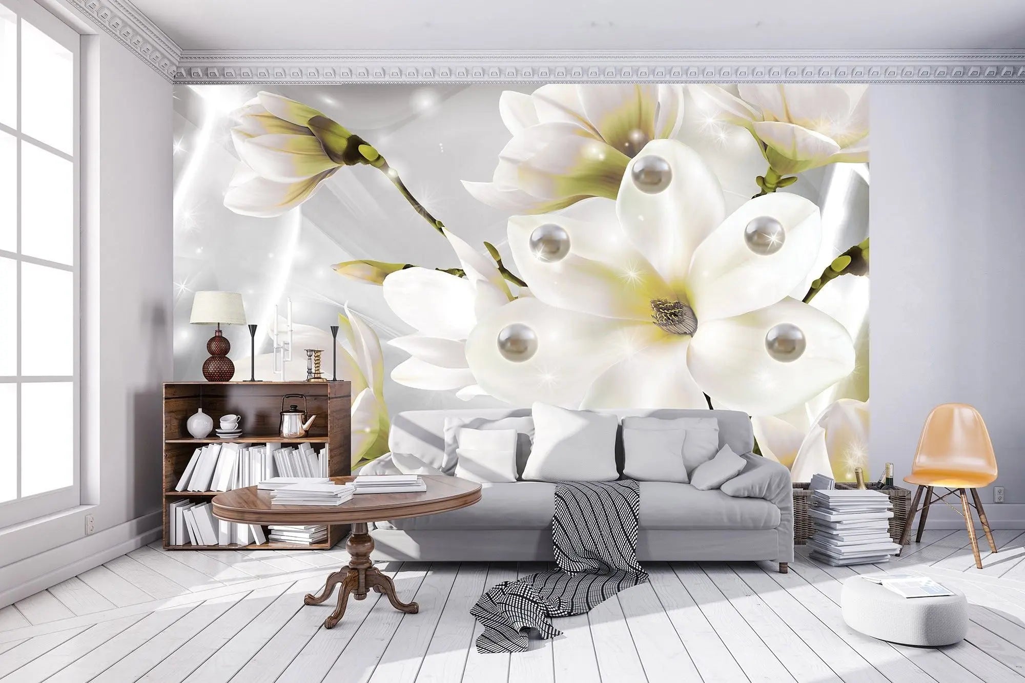 Billede 3 af Fototapet - Hvide magnolieblomster med perler og glimmer på grå baggrund