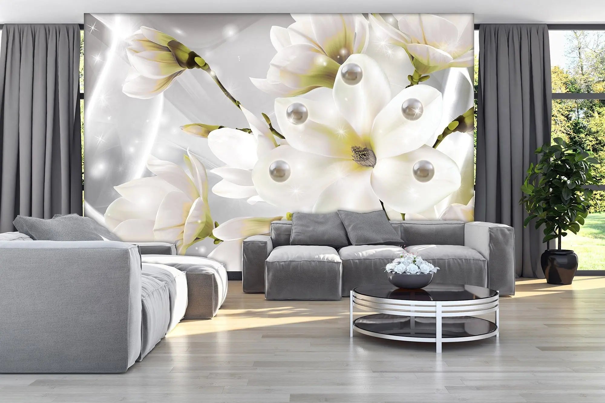 Billede 4 af Fototapet - Hvide magnolieblomster med perler og glimmer på grå baggrund