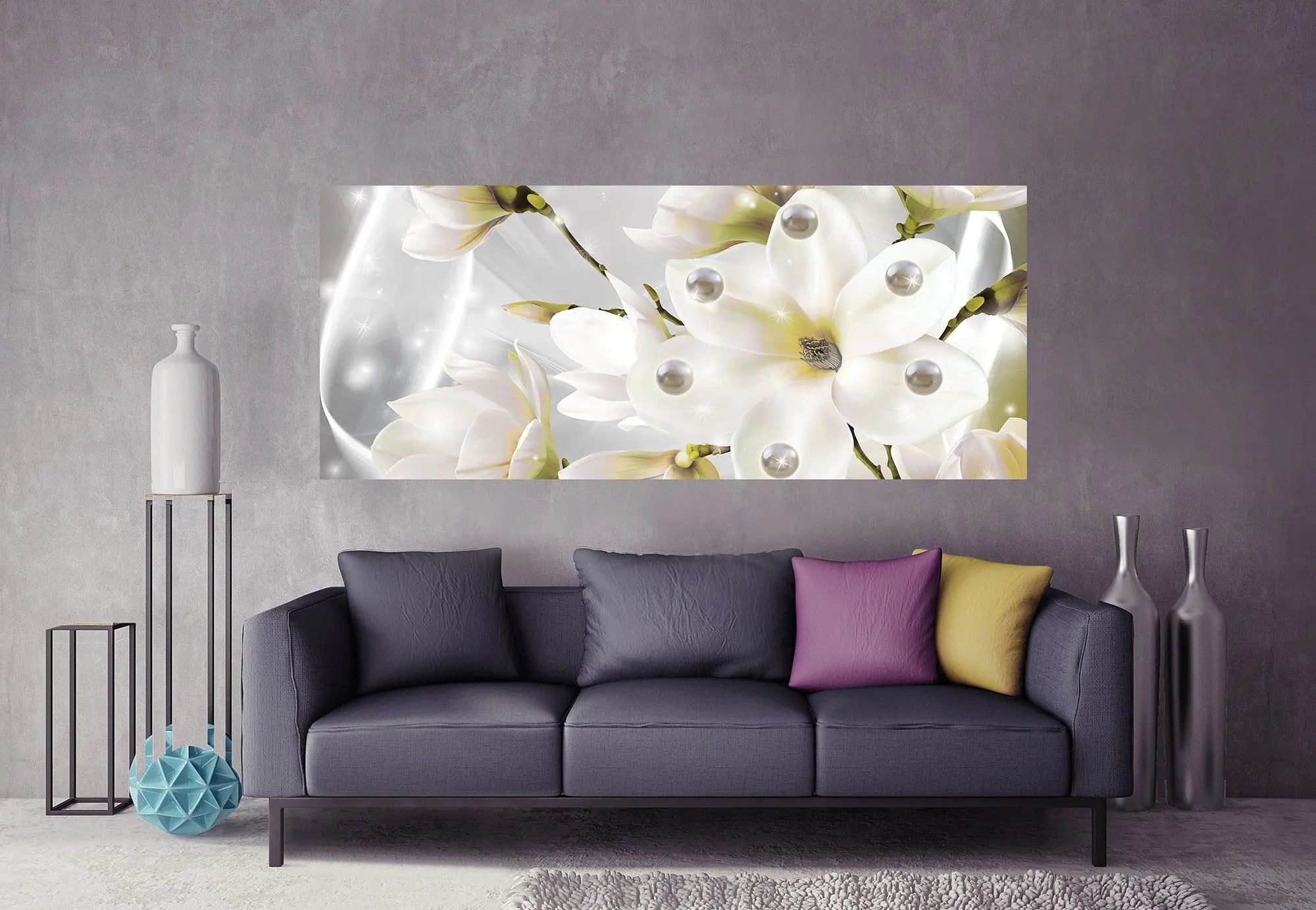 Billede 7 af Fototapet - Hvide magnolieblomster med perler og glimmer på grå baggrund