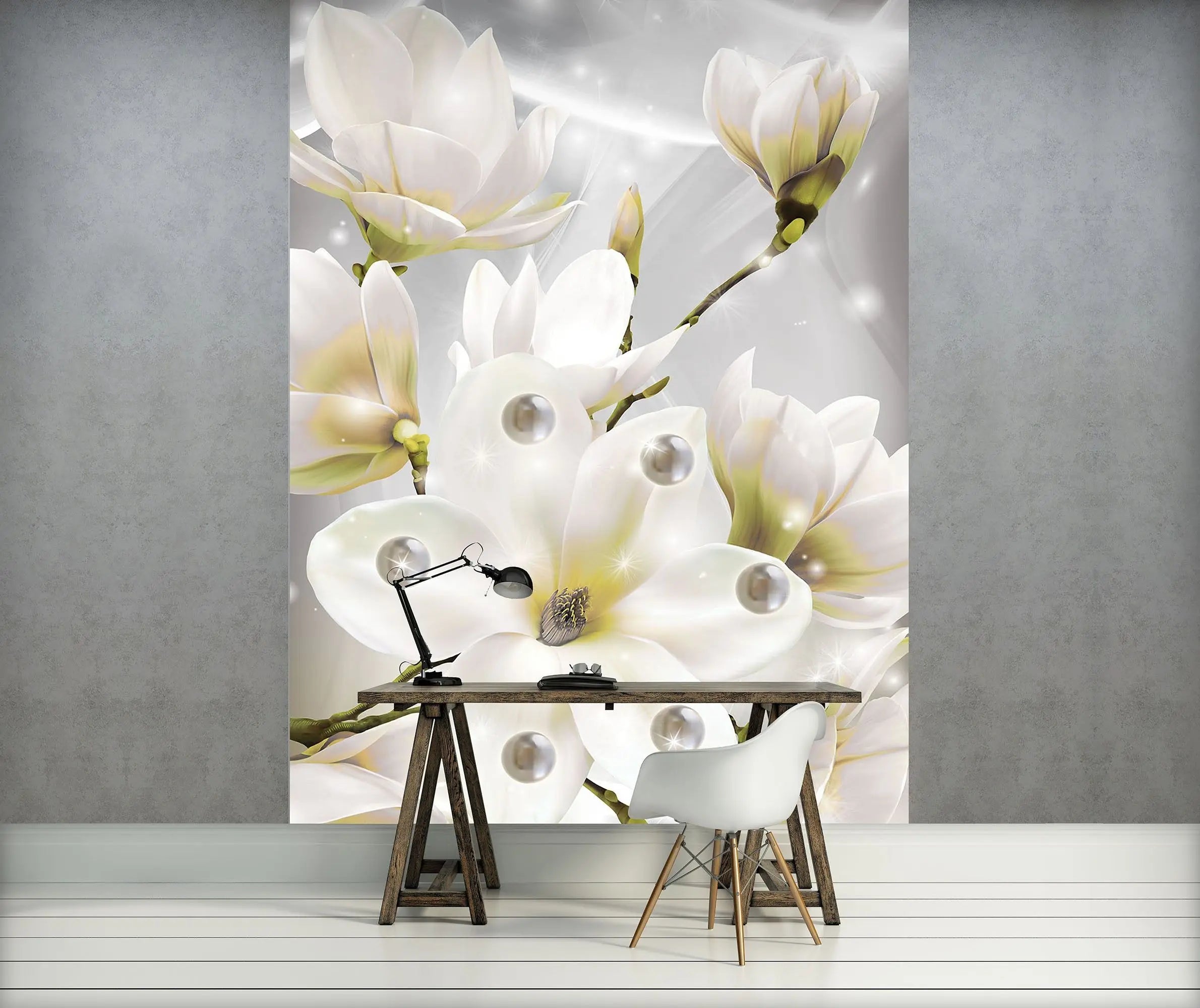 Billede 8 af Fototapet - Hvide magnolieblomster med perler og glimmer på grå baggrund