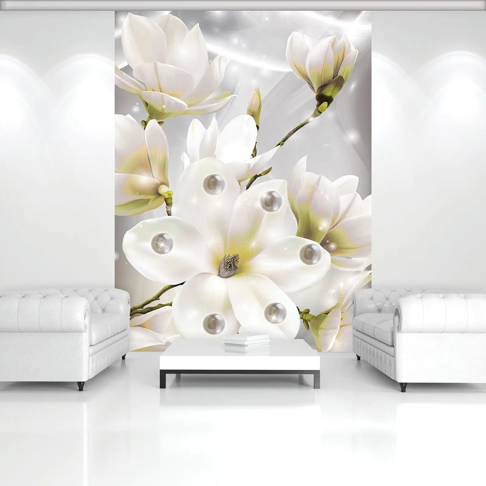 Billede 9 af Fototapet - Hvide magnolieblomster med perler og glimmer på grå baggrund