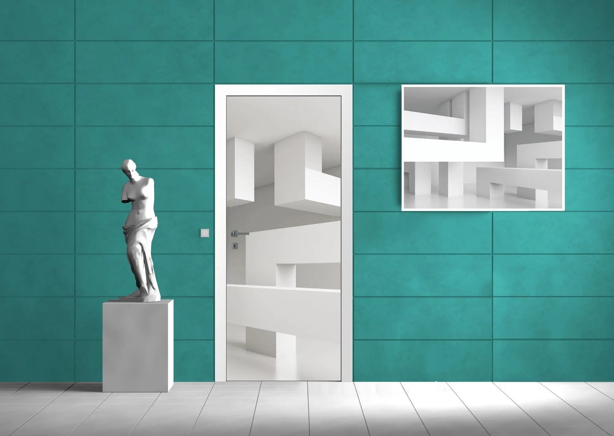 Billede 7 af Fototapet - Hvidt minimalistisk rum med rektangulære strukturer