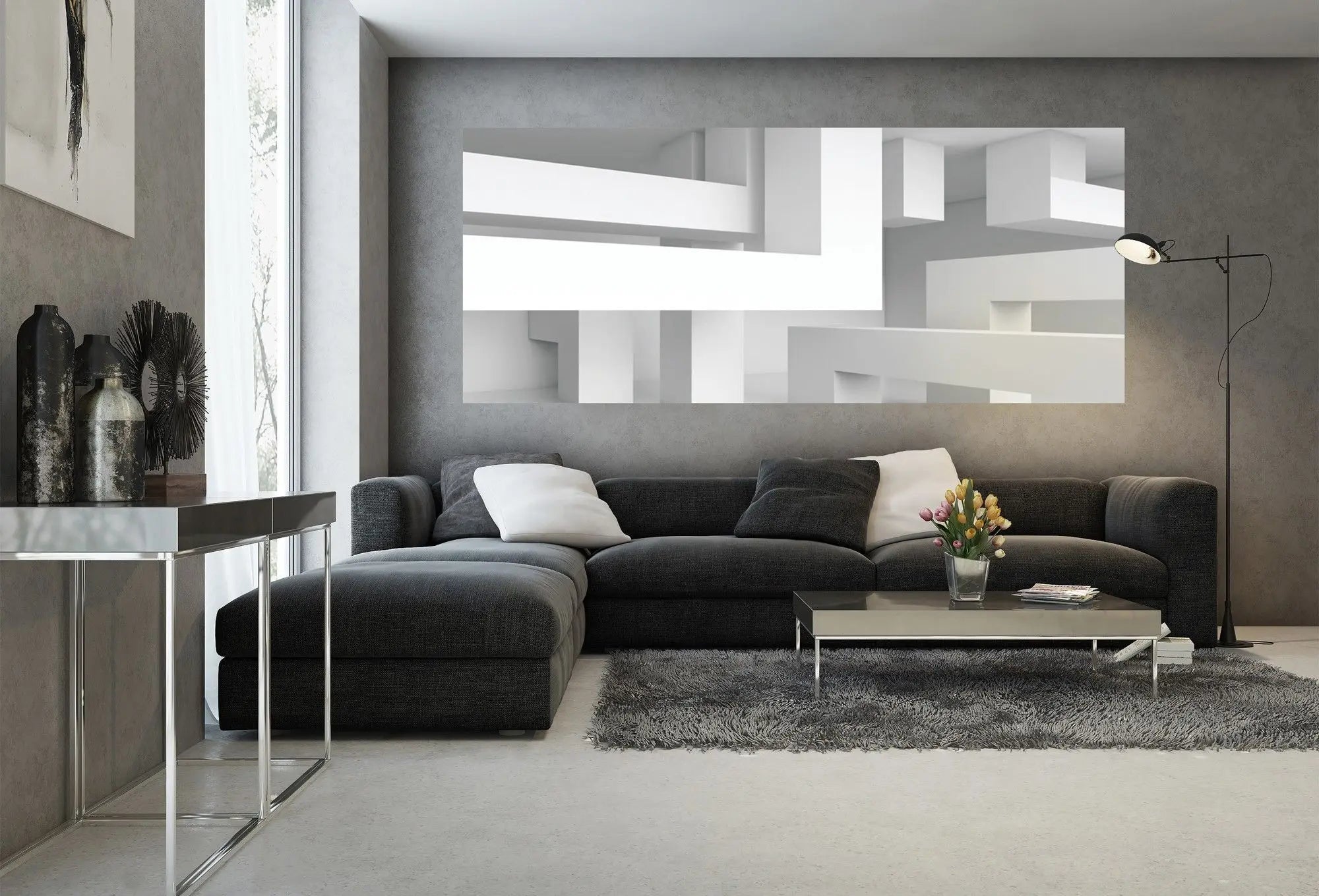 Billede 8 af Fototapet - Hvidt minimalistisk rum med rektangulære strukturer