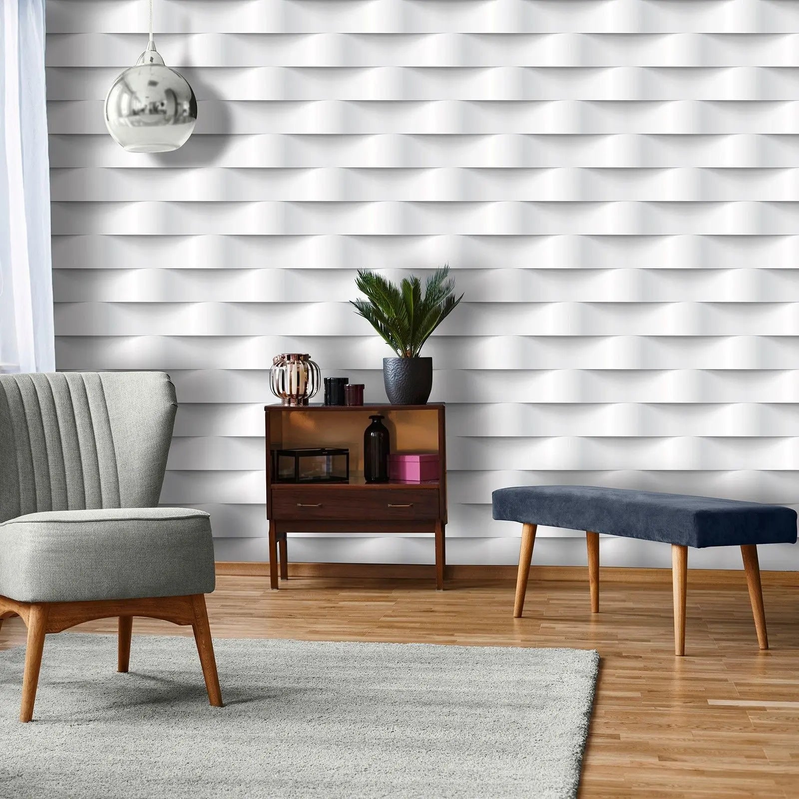Billede 2 af Fototapet - Hvidt tredimensionelt geometrisk mønster