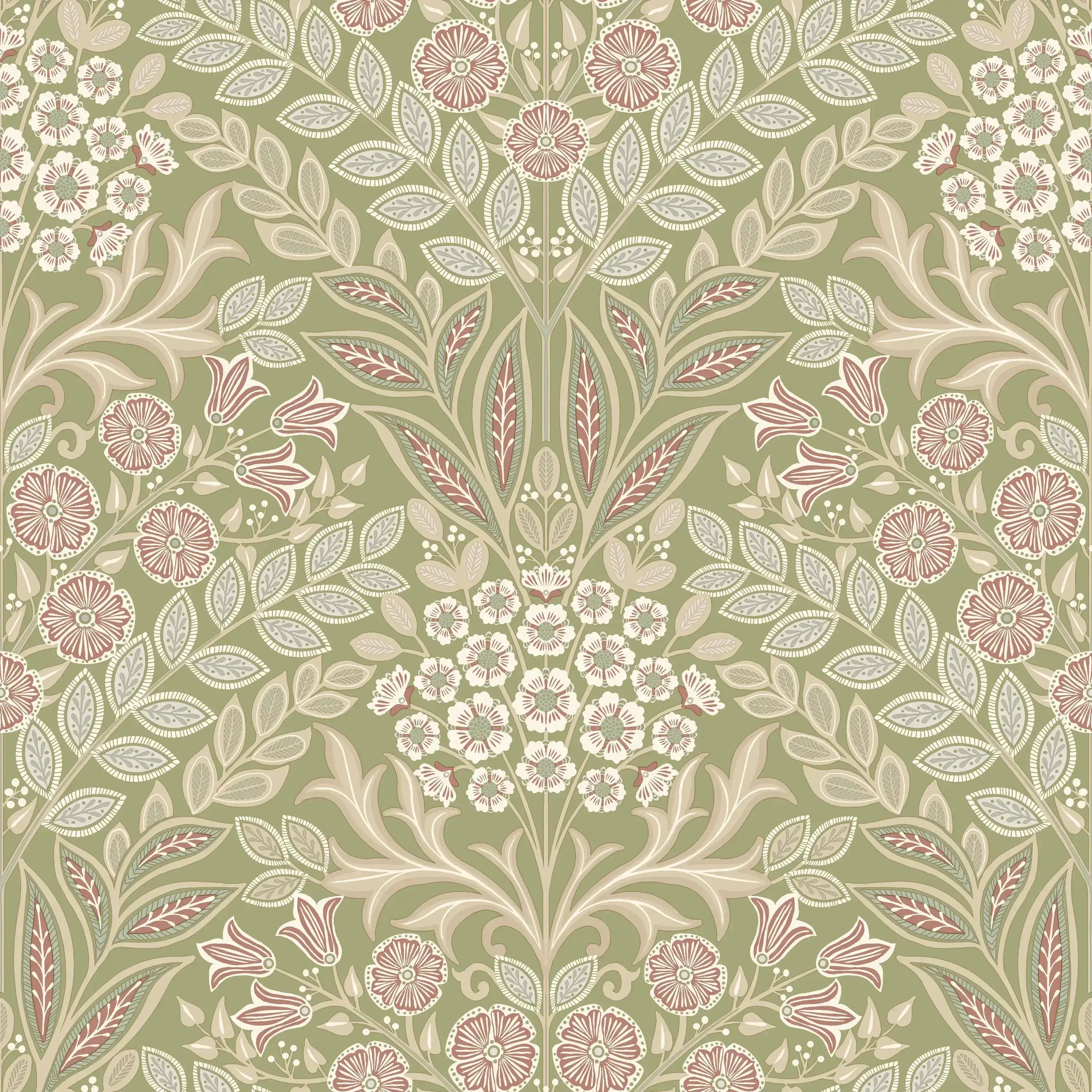 Tapetdesign Iconic Tapestry - Blush med blomstermotiver og blade i afdæmpede nuancer.