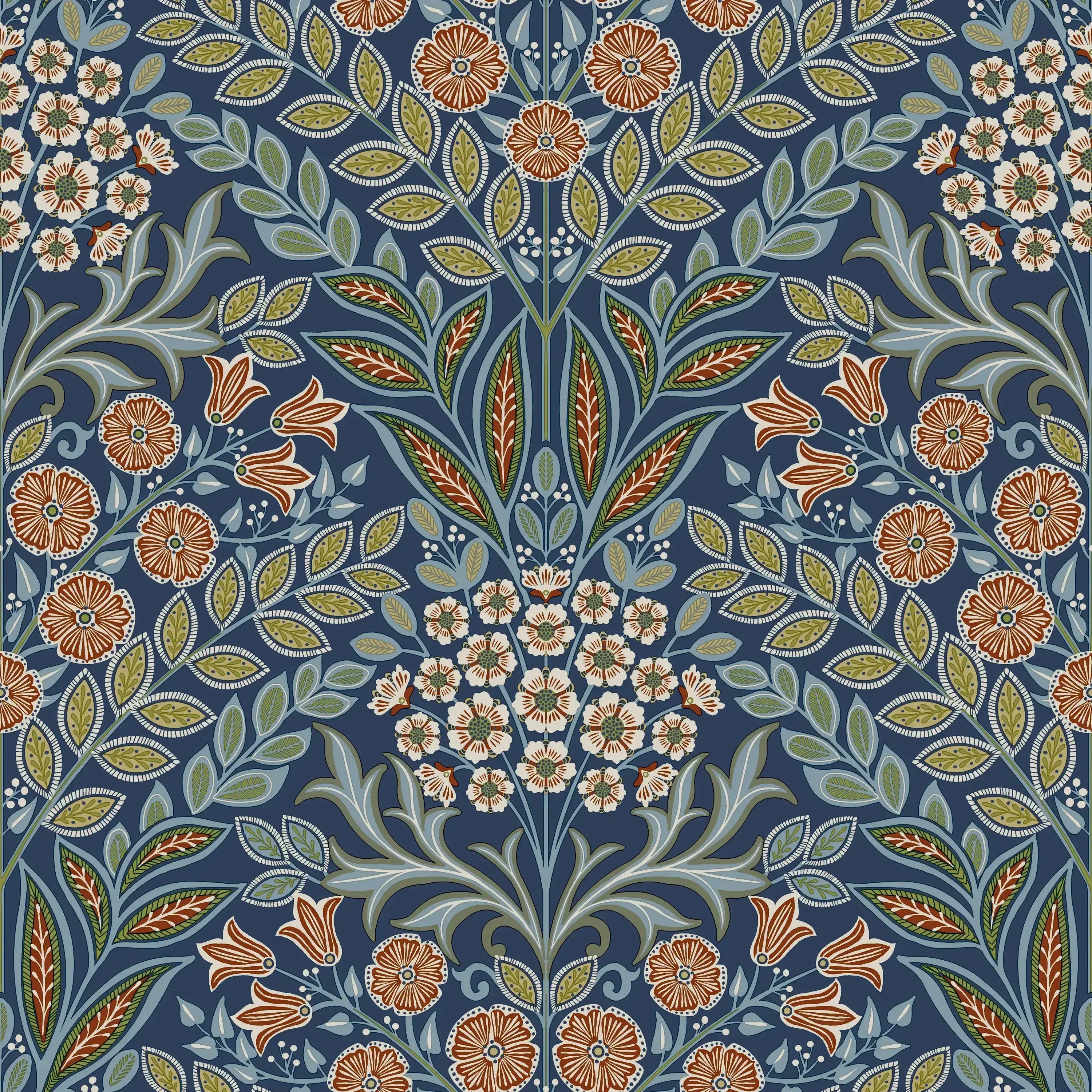 Tapet med navnet Iconic Tapestry - Midnight, der viser et detaljeret blomstermotiv med grønne, røde og hvide blomster på en mørkblå baggrund.