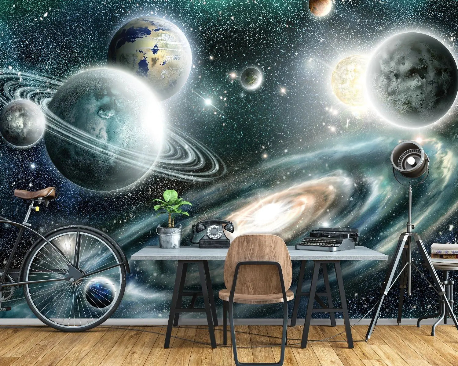Billede 2 af Fototapet - Illustration af solsystem med flere planeter og galakse