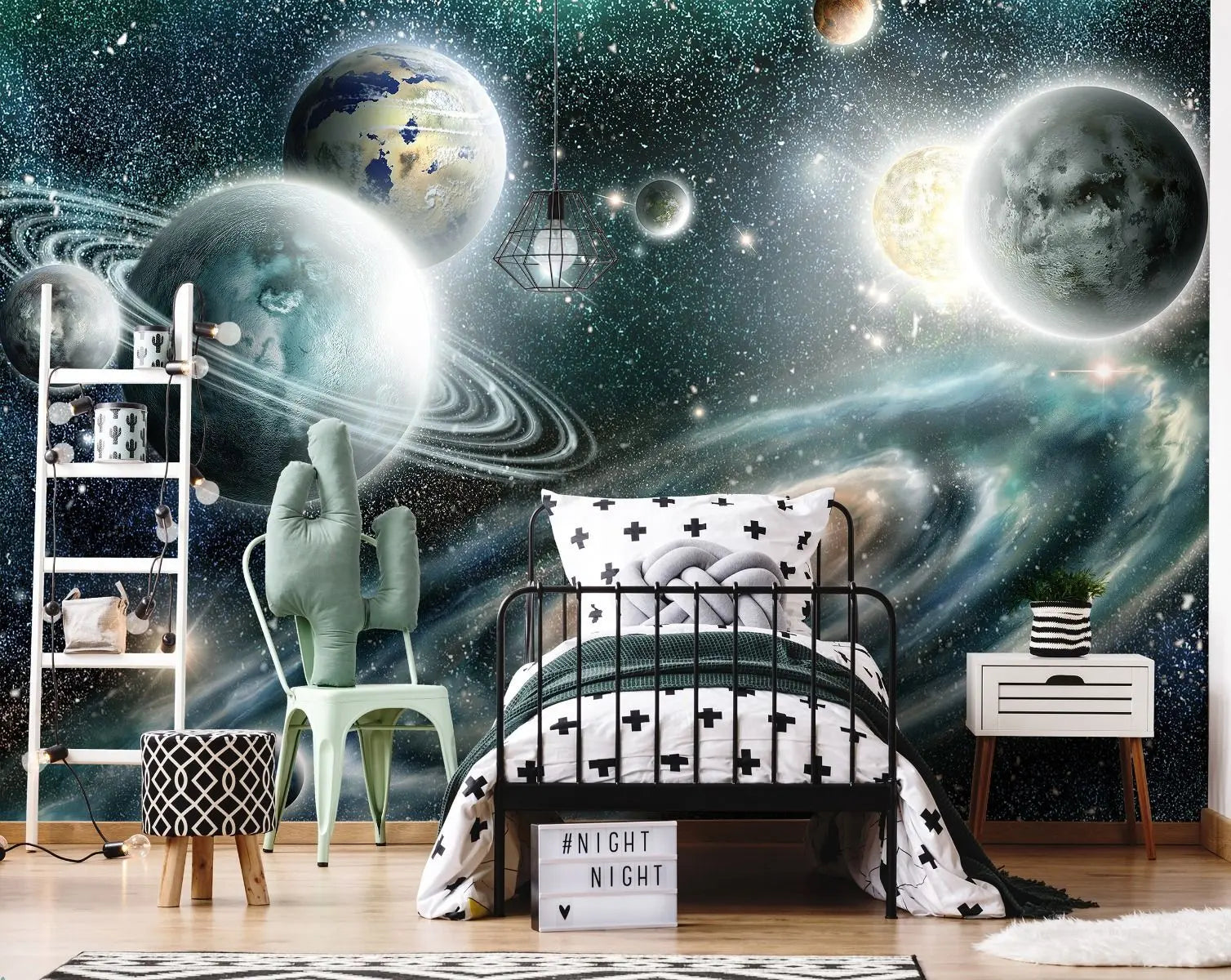 Billede 4 af Fototapet - Illustration af solsystem med flere planeter og galakse