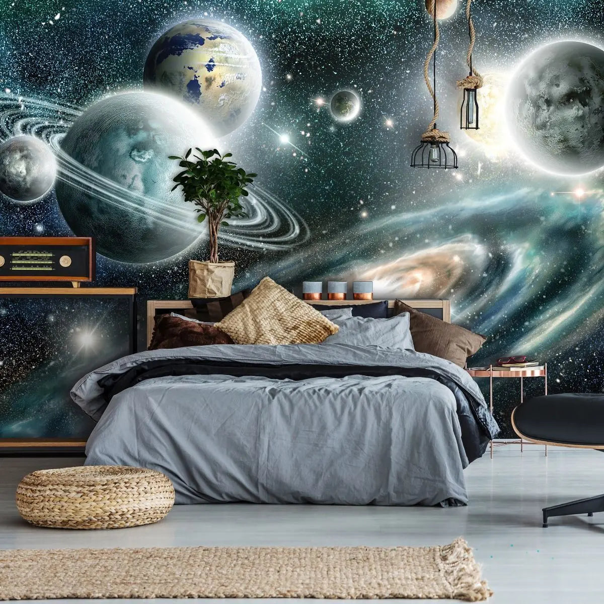 Billede 5 af Fototapet - Illustration af solsystem med flere planeter og galakse