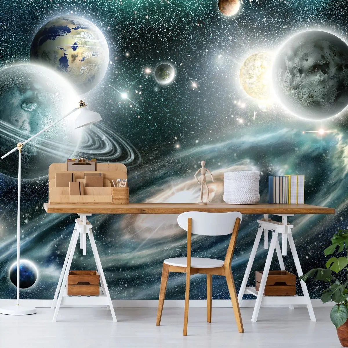 Billede 6 af Fototapet - Illustration af solsystem med flere planeter og galakse