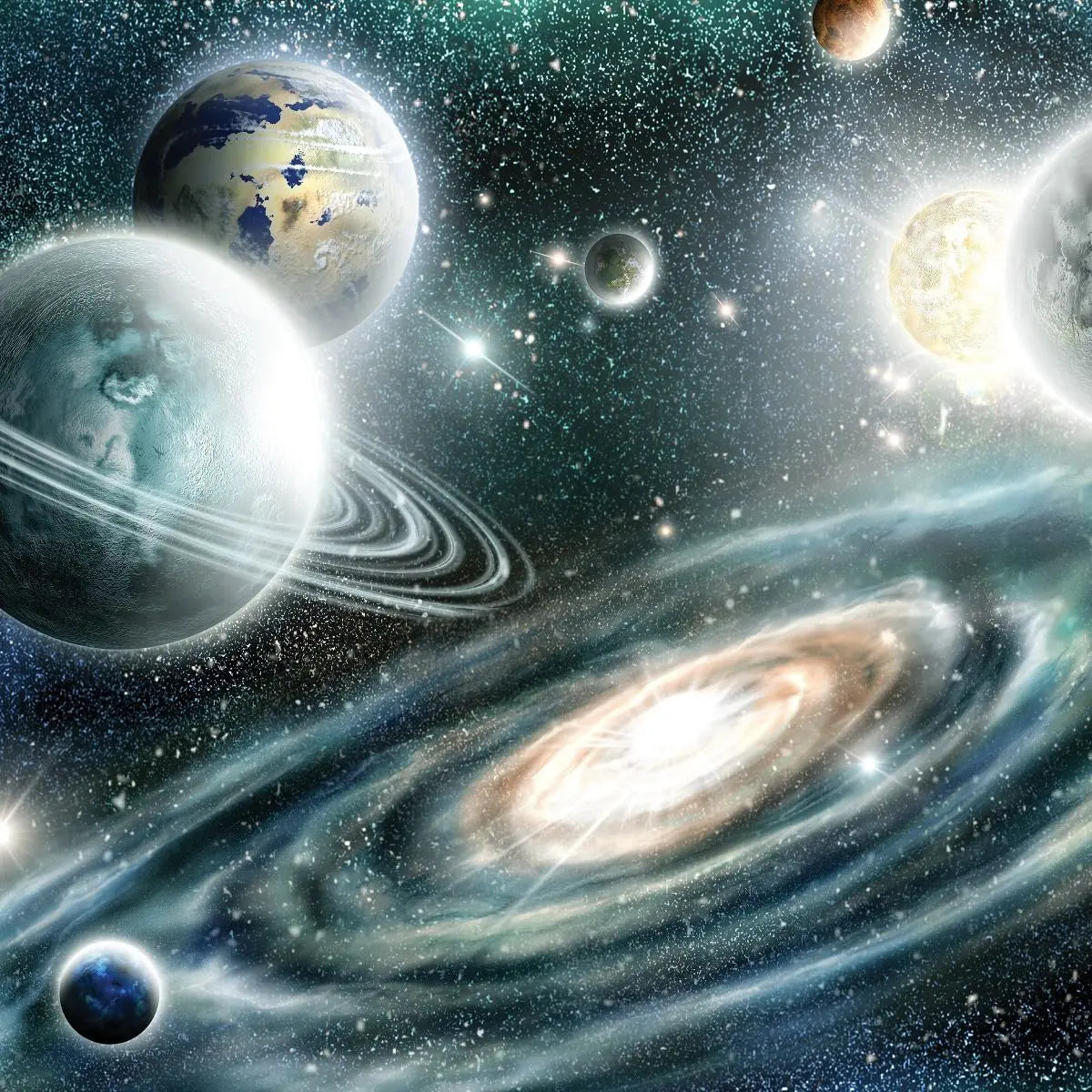 Billede 7 af Fototapet - Illustration af solsystem med flere planeter og galakse