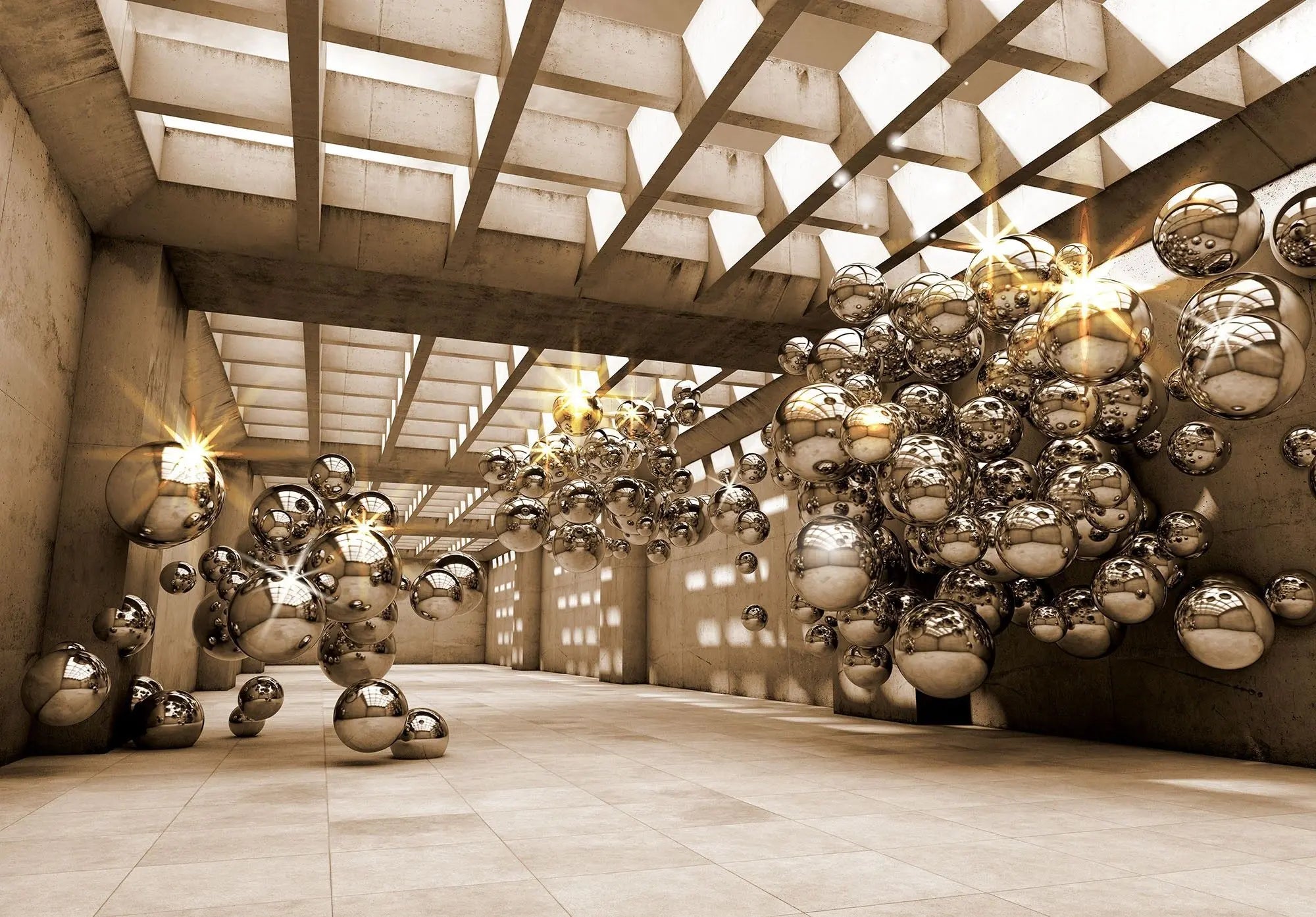 Billede 1 af Fototapet - Industriel betonhal med flyvende glaskugler