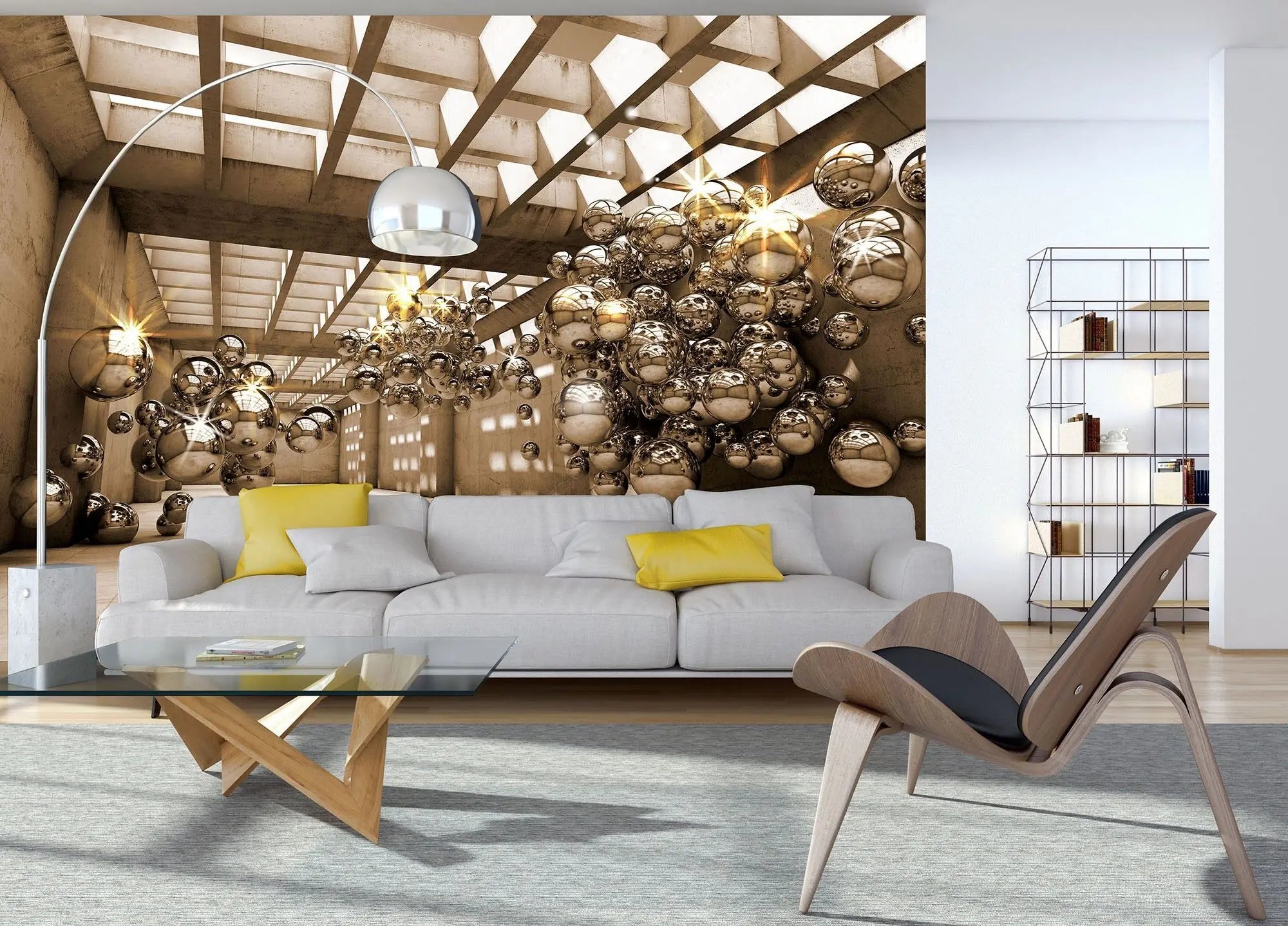 Billede 3 af Fototapet - Industriel betonhal med flyvende glaskugler