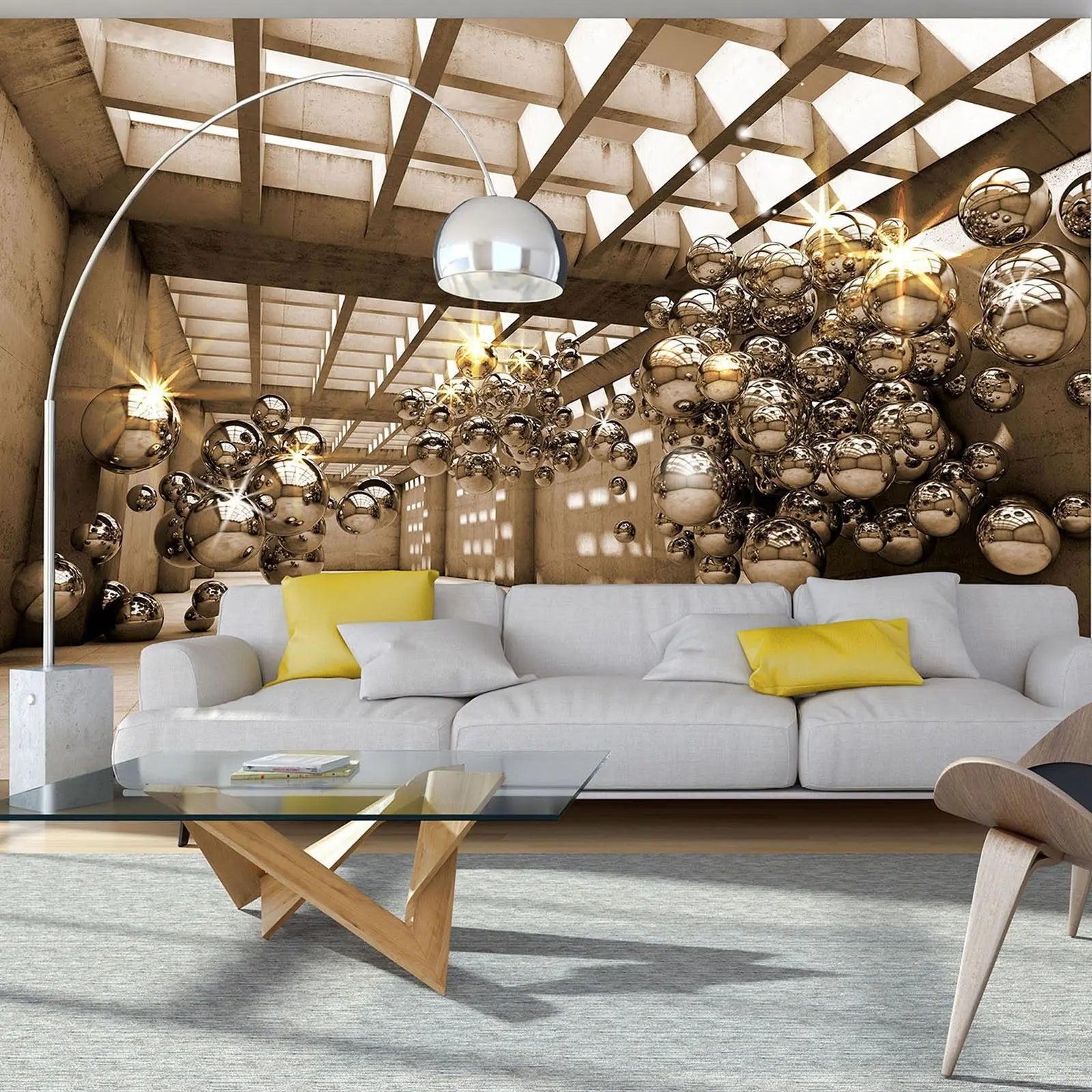 Billede 4 af Fototapet - Industriel betonhal med flyvende glaskugler