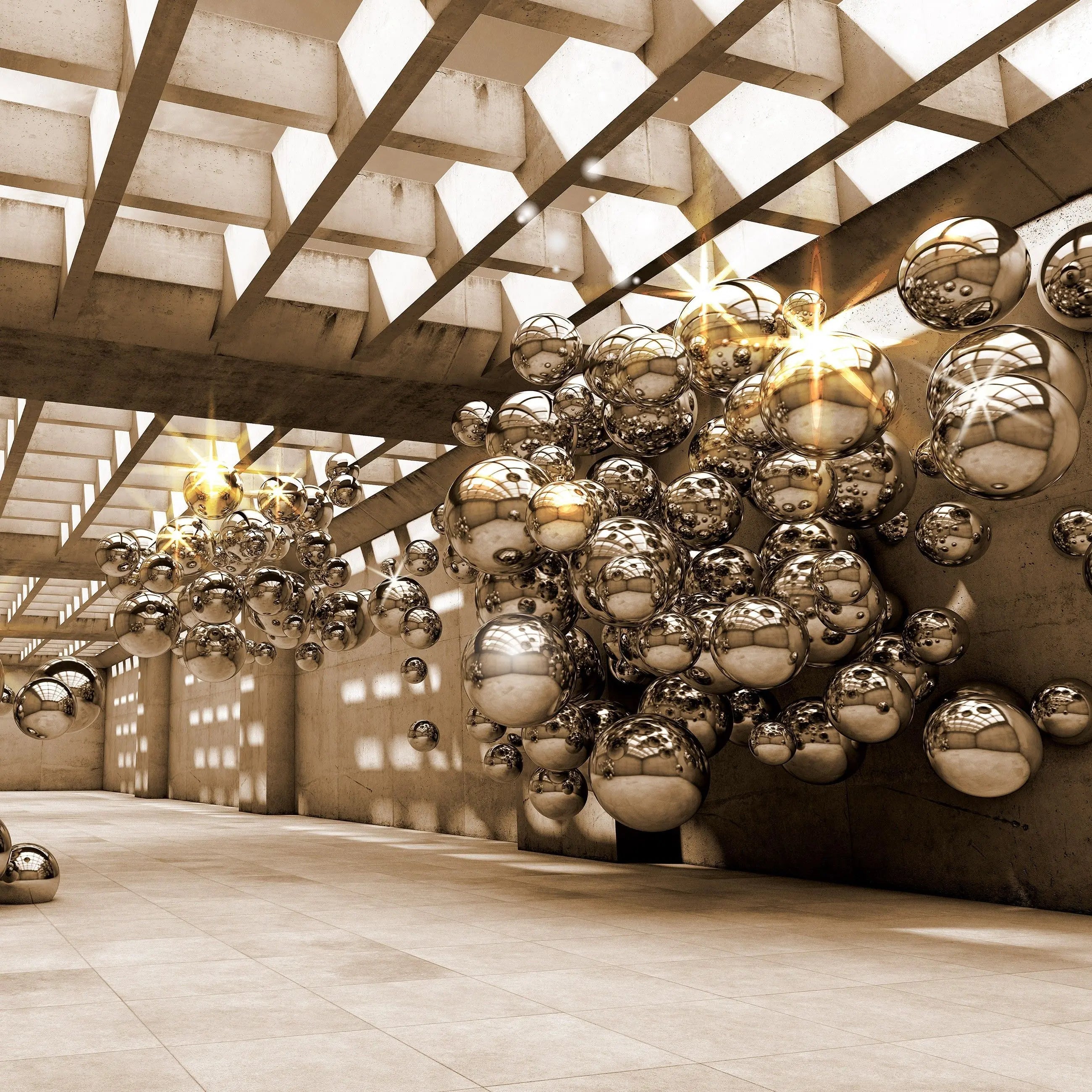 Billede 9 af Fototapet - Industriel betonhal med flyvende glaskugler