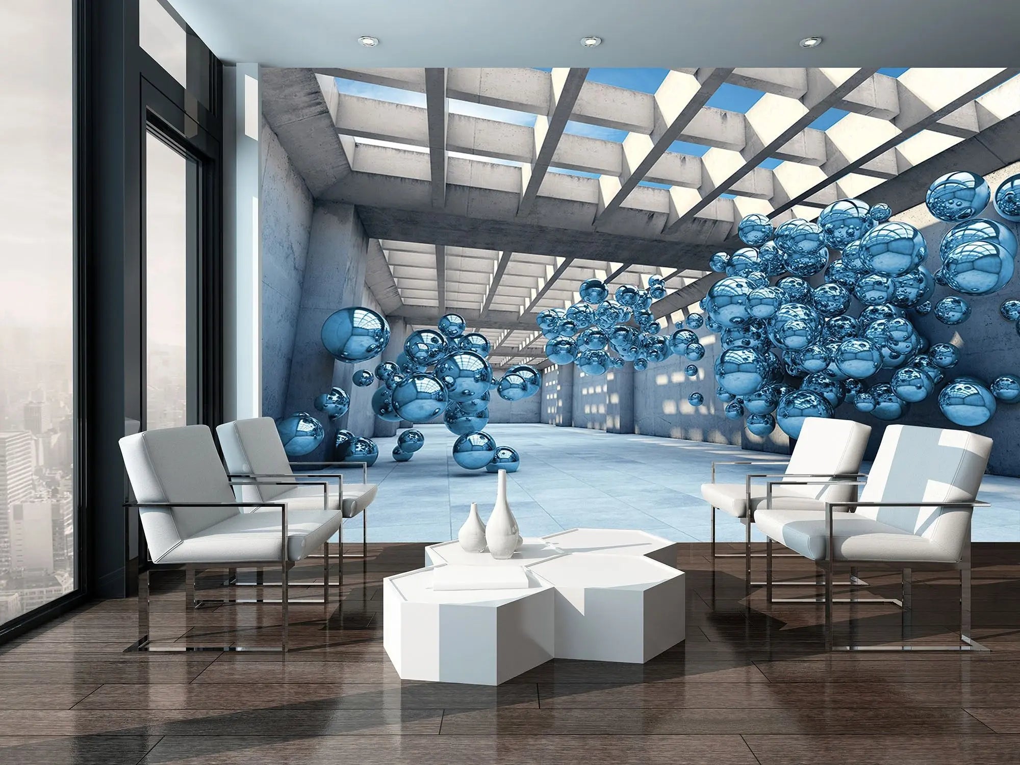 Billede 3 af Fototapet - Industrielt rum med flydende blålige metalagtige kugler