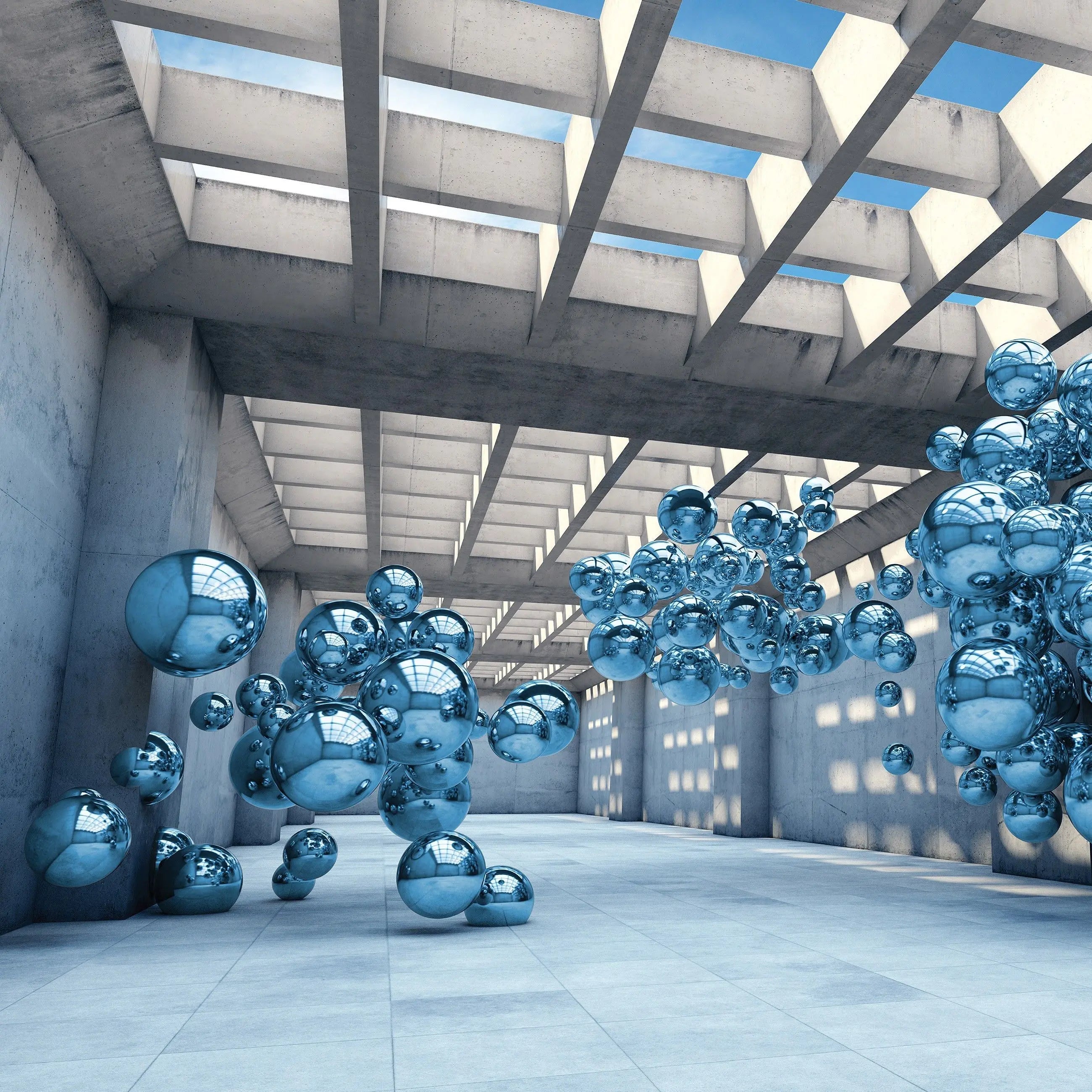 Billede 6 af Fototapet - Industrielt rum med flydende blålige metalagtige kugler