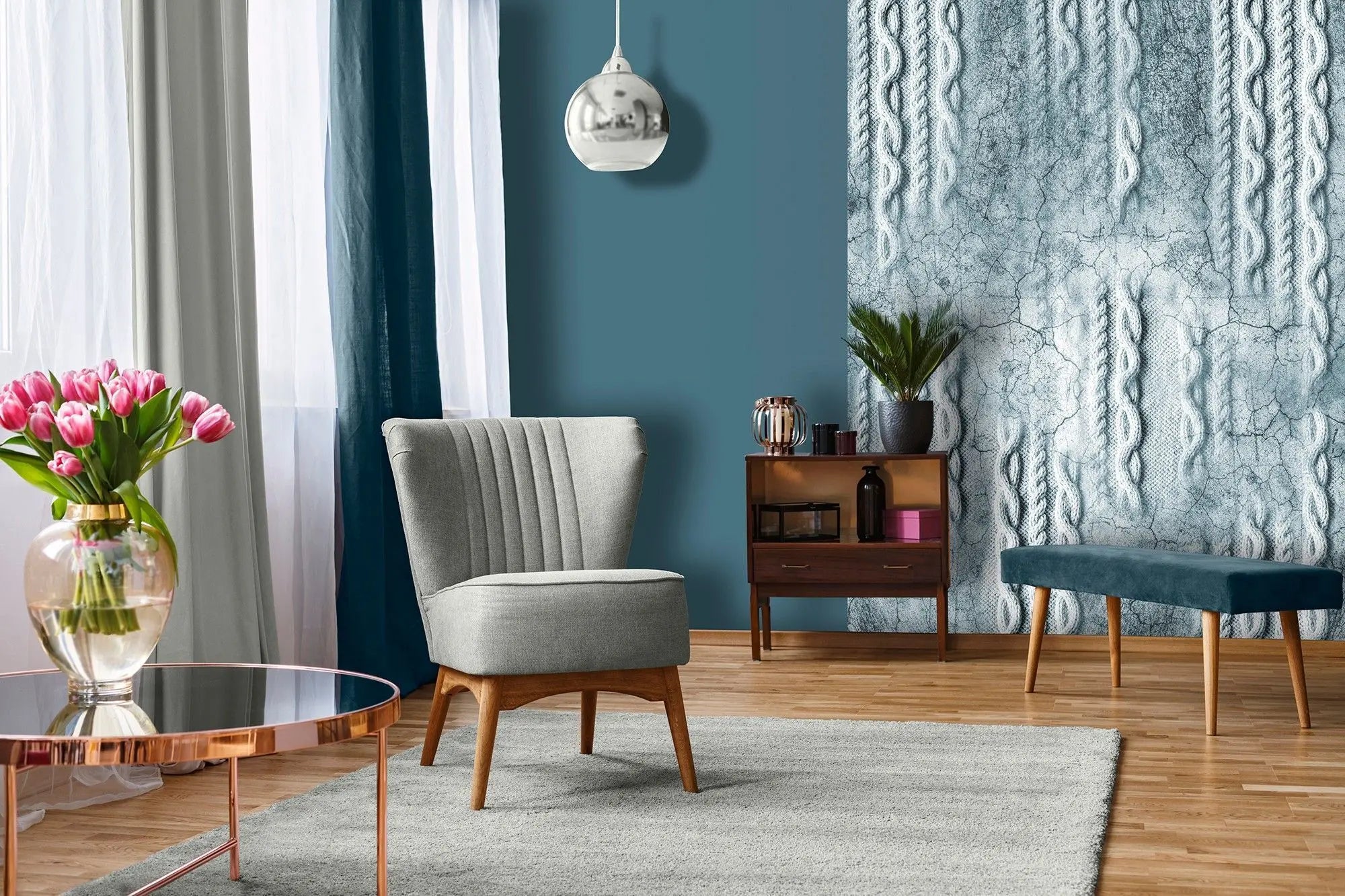 Billede 13 af Fototapet - Kablet strikkemønster i krakeleret isblå tekstur