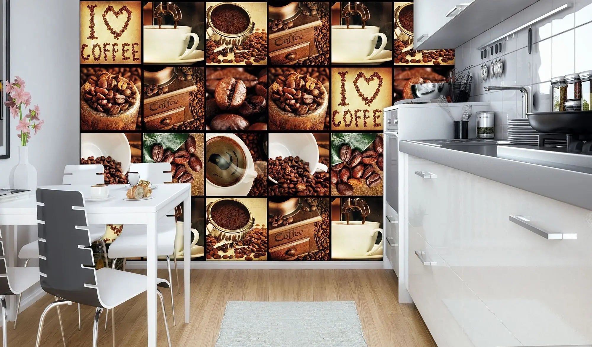Billede 3 af Fototapet - Kaffevariation med kaffebønner og kaffekopper