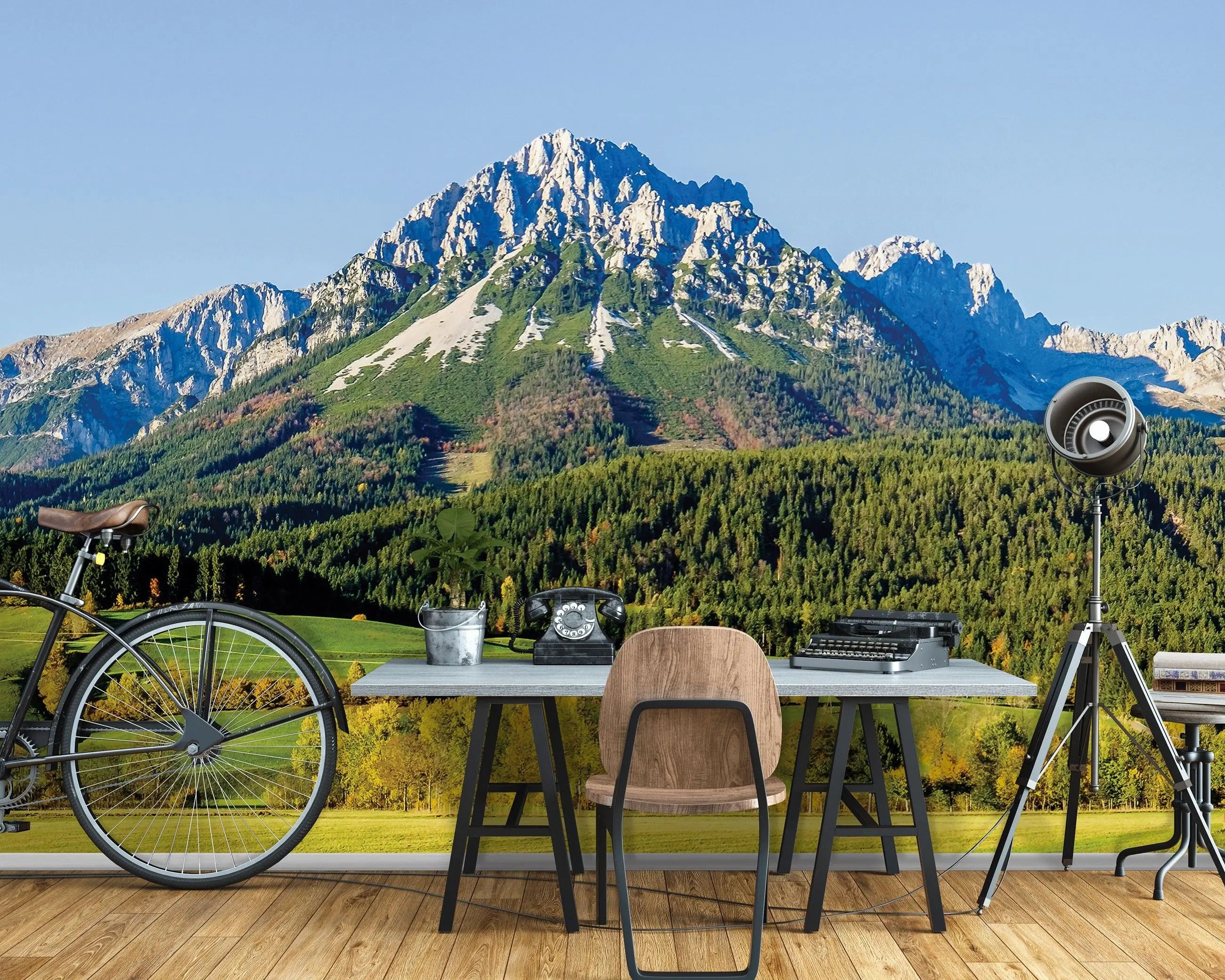 Billede 11 af Fototapet - Kitzbüheler Alperne med skov og marker i sollys