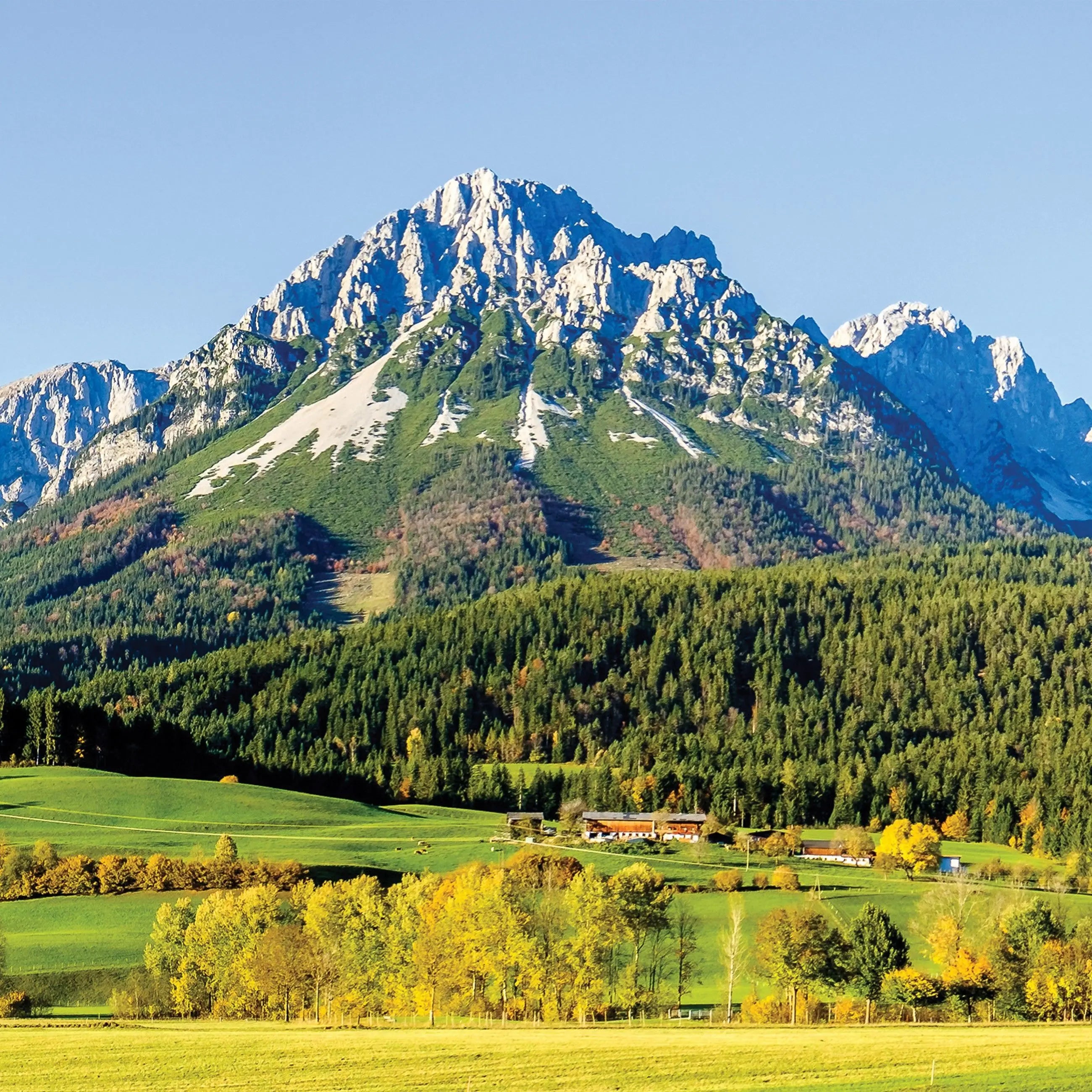 Billede 13 af Fototapet - Kitzbüheler Alperne med skov og marker i sollys