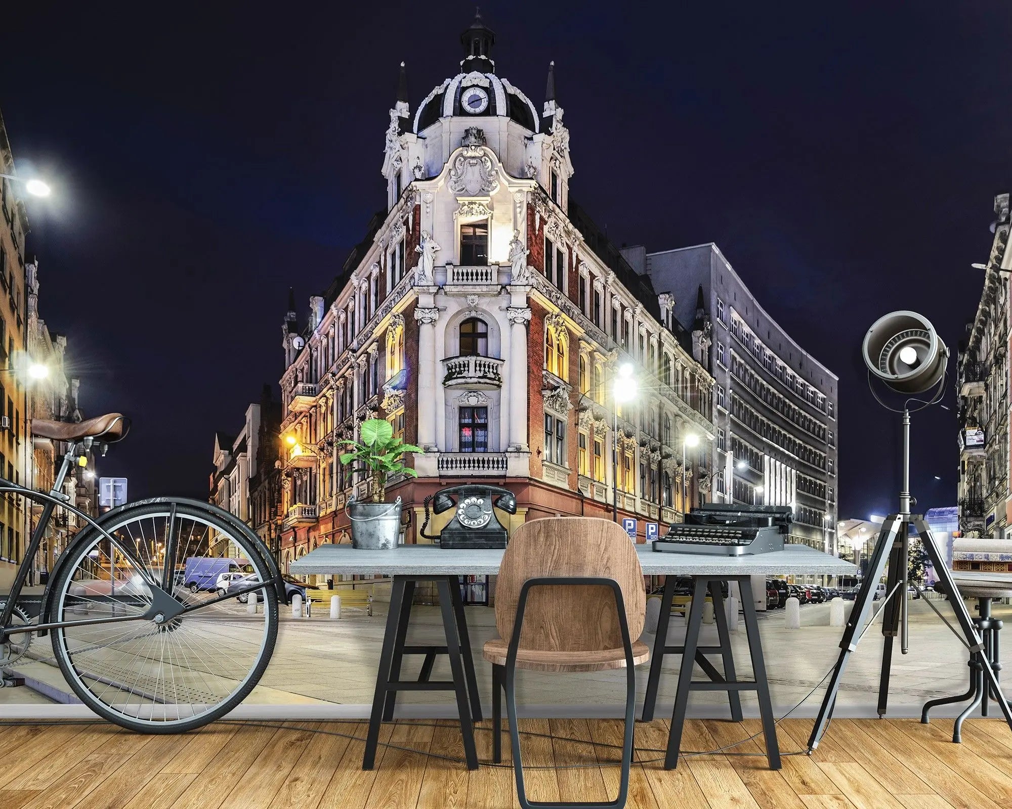 Billede 4 af Fototapet - Klassisk bygning på gadehjørne om natten med gadelys