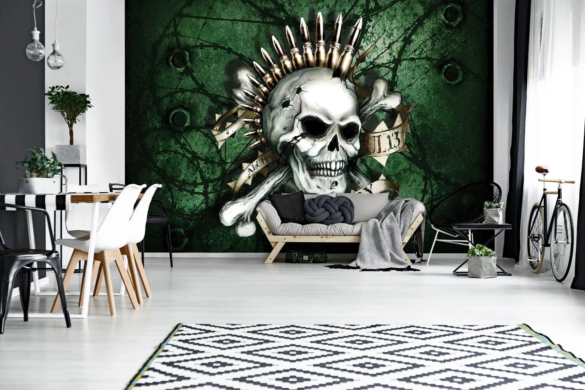 Billede 4 af Fototapet - Kranium med patroner og banner på grøn baggrund