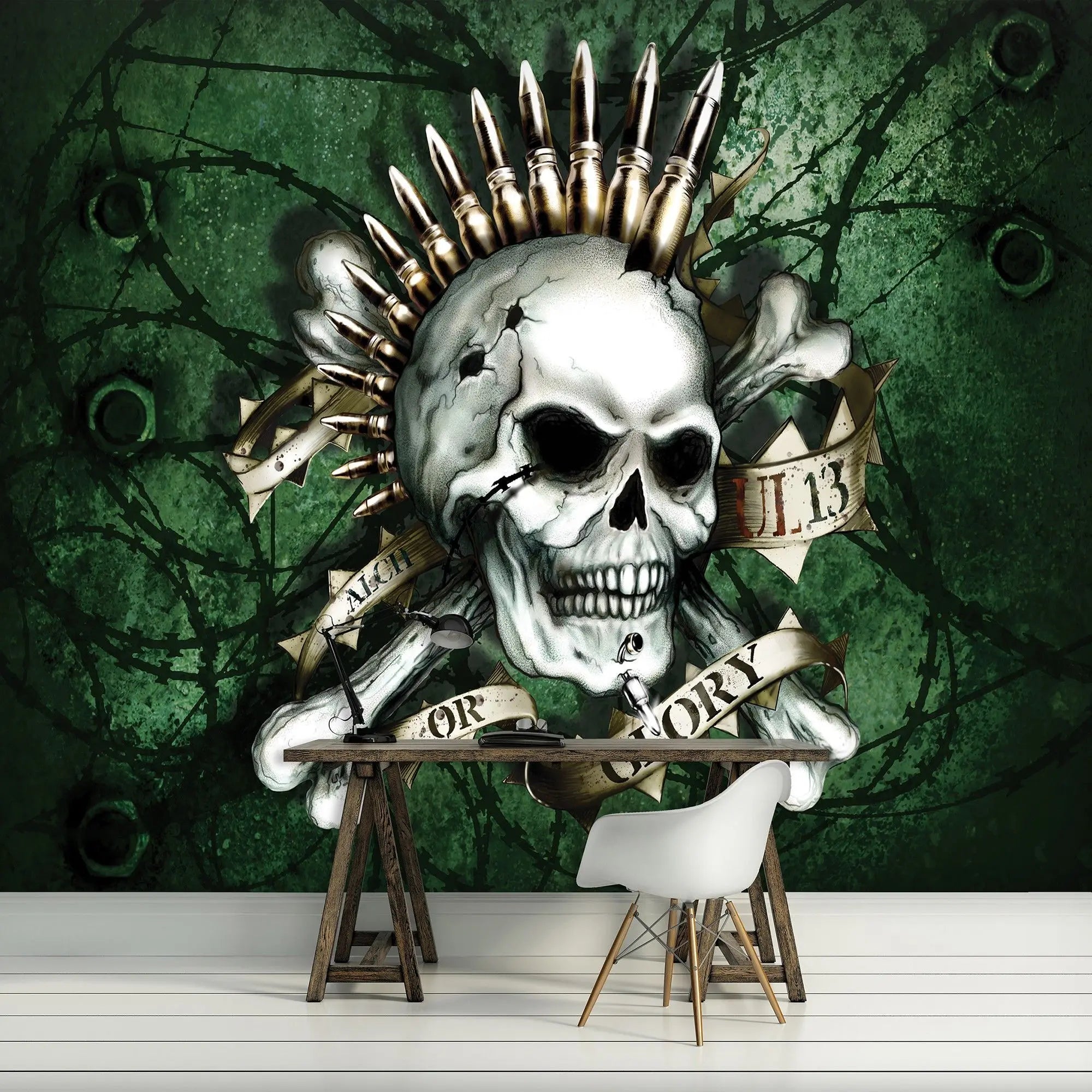 Billede 5 af Fototapet - Kranium med patroner og banner på grøn baggrund