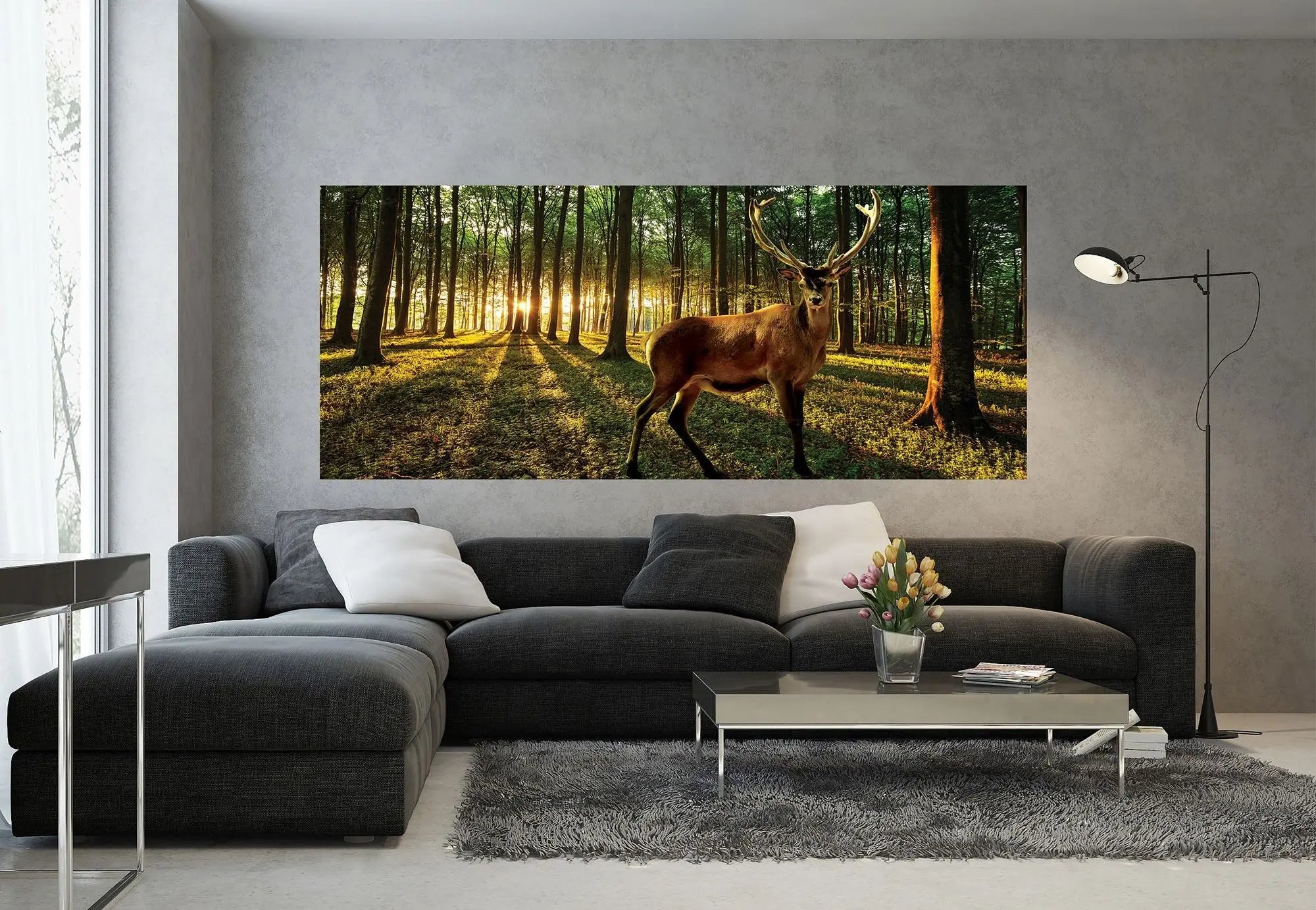 Billede 5 af Fototapet - Kronhjort i solopgang lys skov