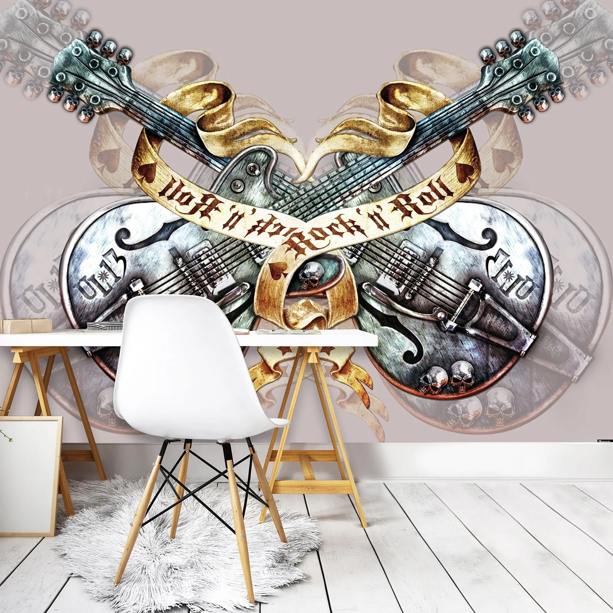 Billede 3 af Fototapet - Krydsede guitarer med banner og dødningehoved