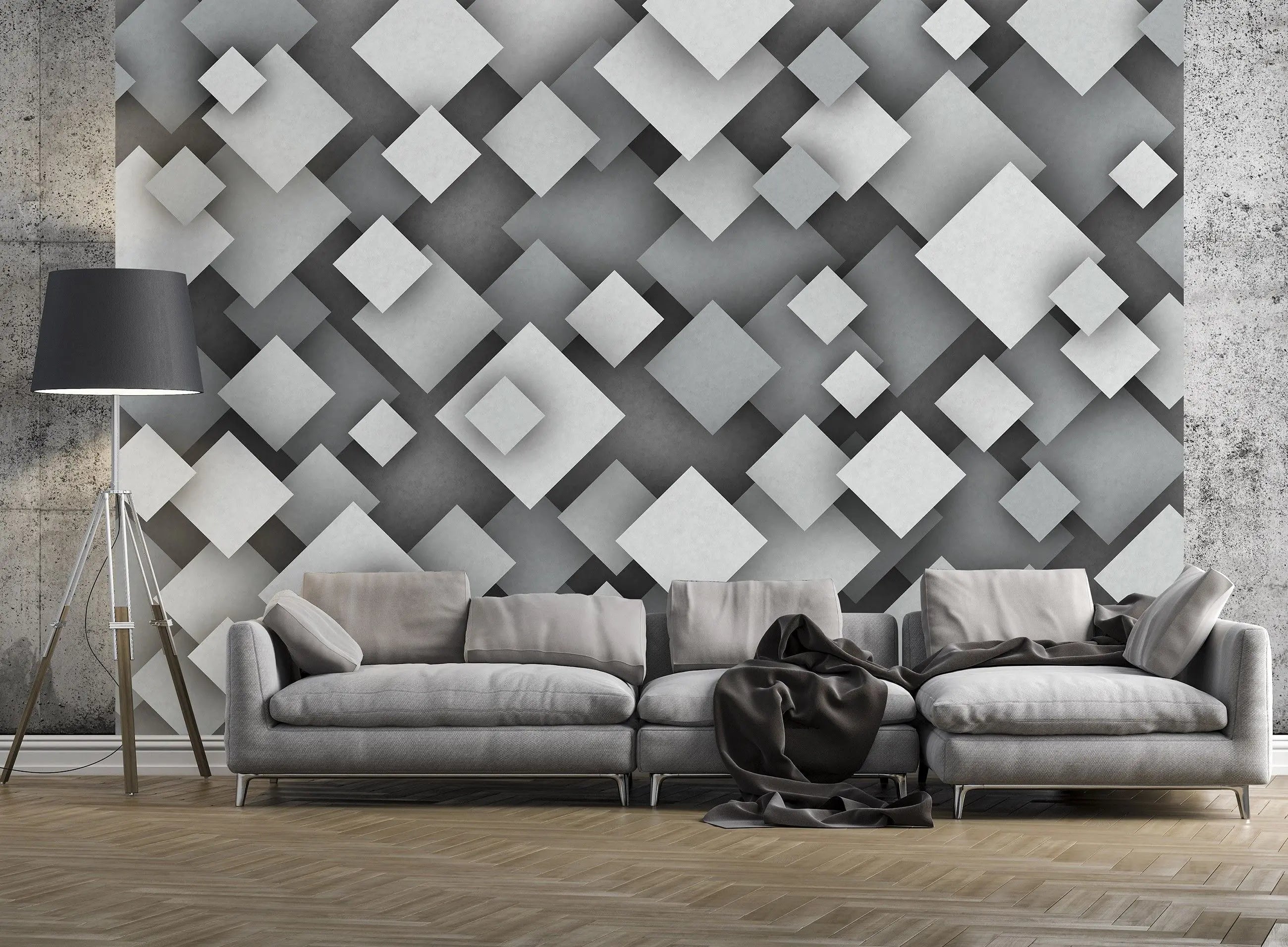 Billede 3 af Fototapet - Lag af grå kvadrater i forskellige størrelser
