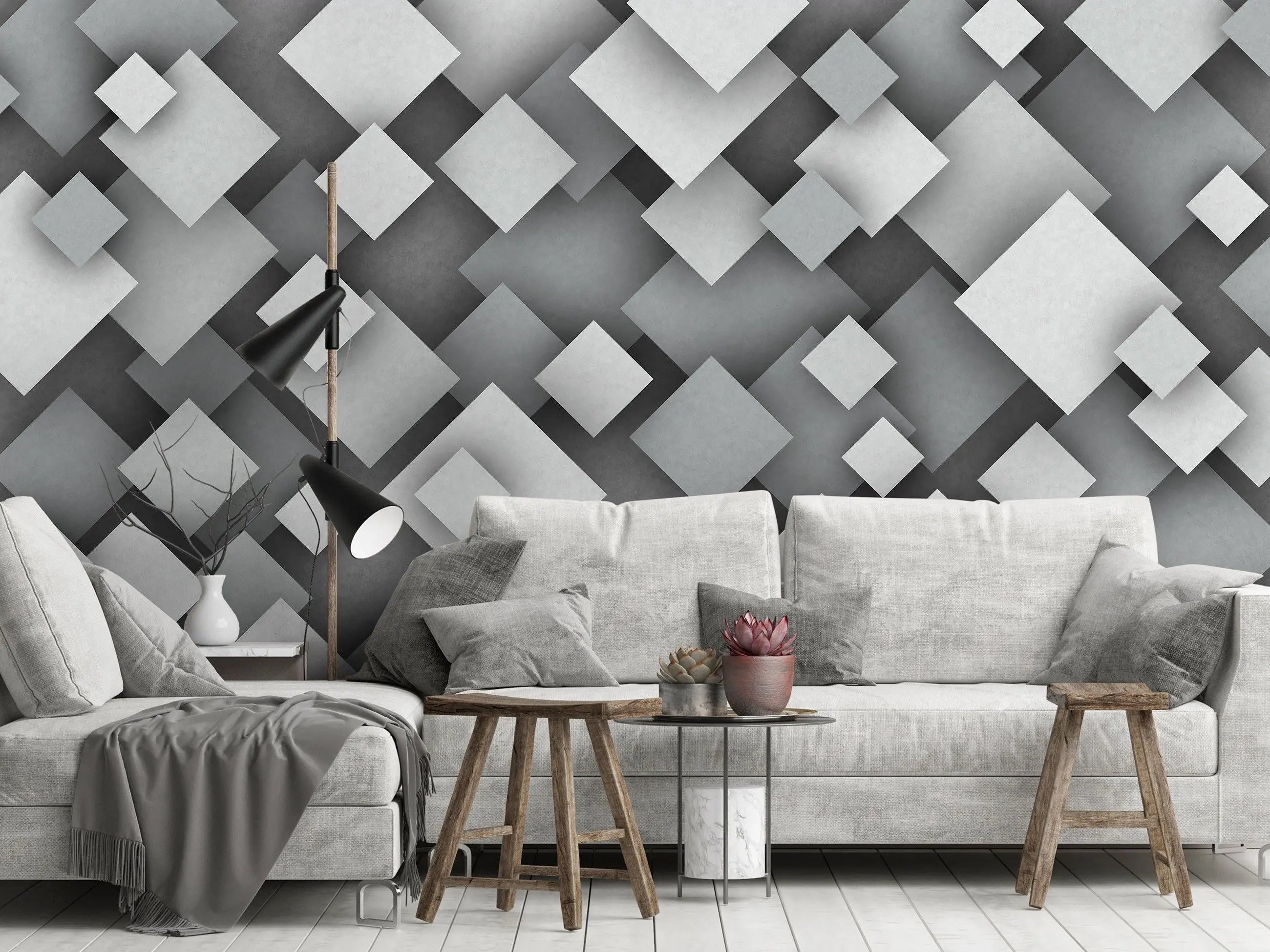Billede 4 af Fototapet - Lag af grå kvadrater i forskellige størrelser